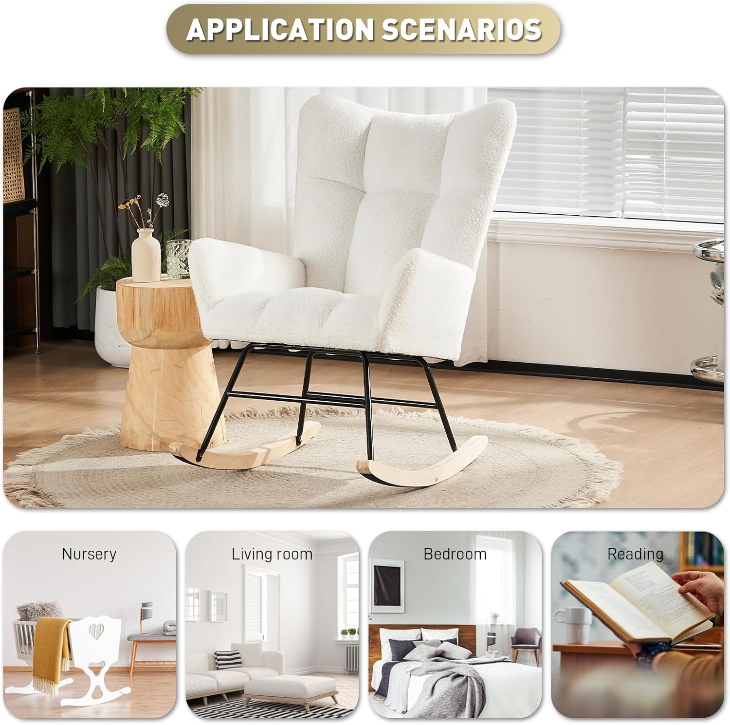 Wrofly Mecedora para guardería, moderna mecedora de sherpa con respaldo alto, cómoda silla de lectura tapizada para guardería, sala de estar,