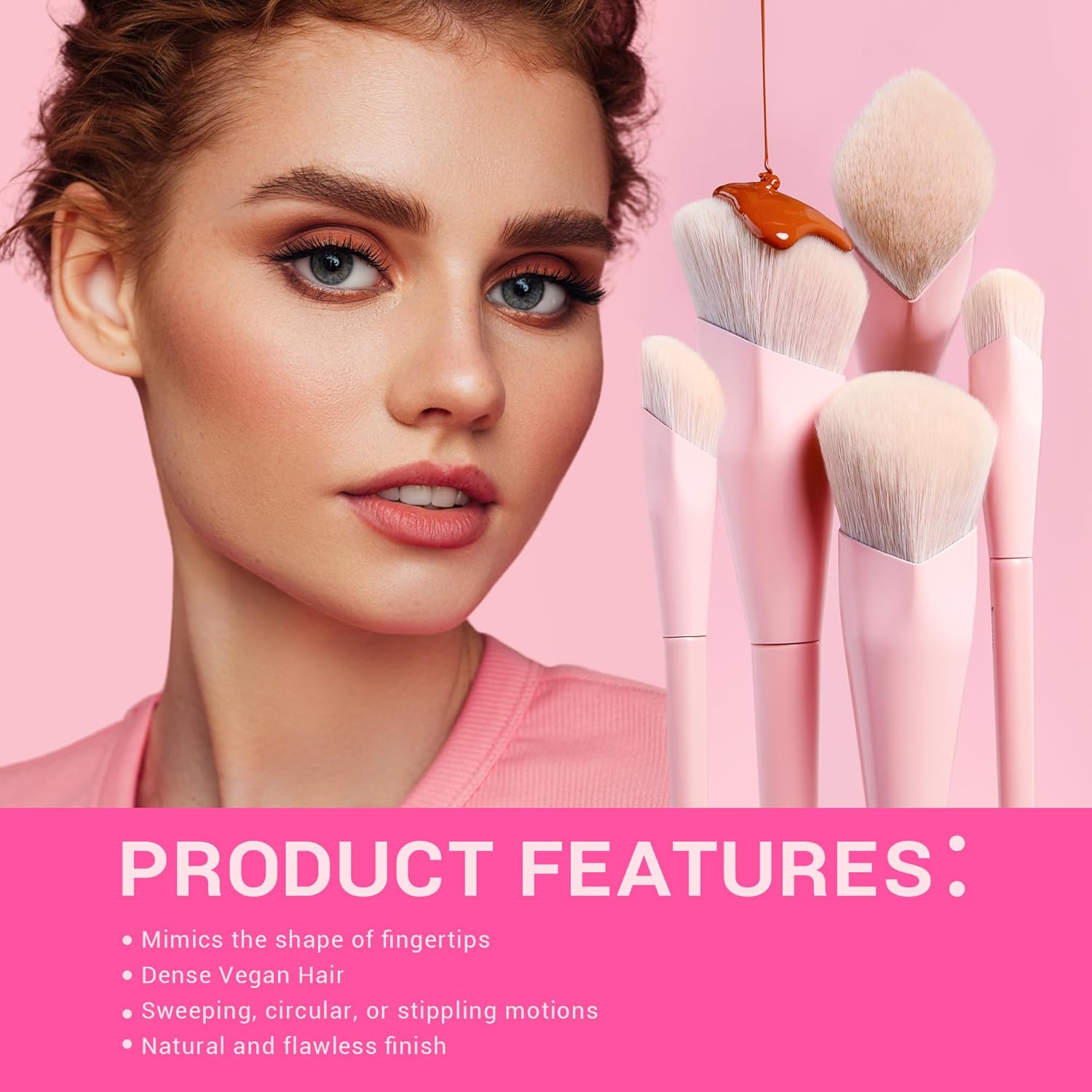 Jessup Juego de 14 brochas de maquillaje rosadas, brochas de maquillaje veganas de primera calidad, corrector de base, rubor, sombra de ojos,