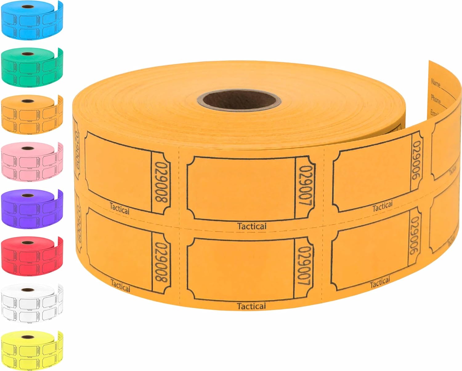 Tacticai 1000 boletos para rifa, en blanco, naranja (selección de 8 colores), rollo doble para eventos, entrada, recompensa de clase, recaudación de