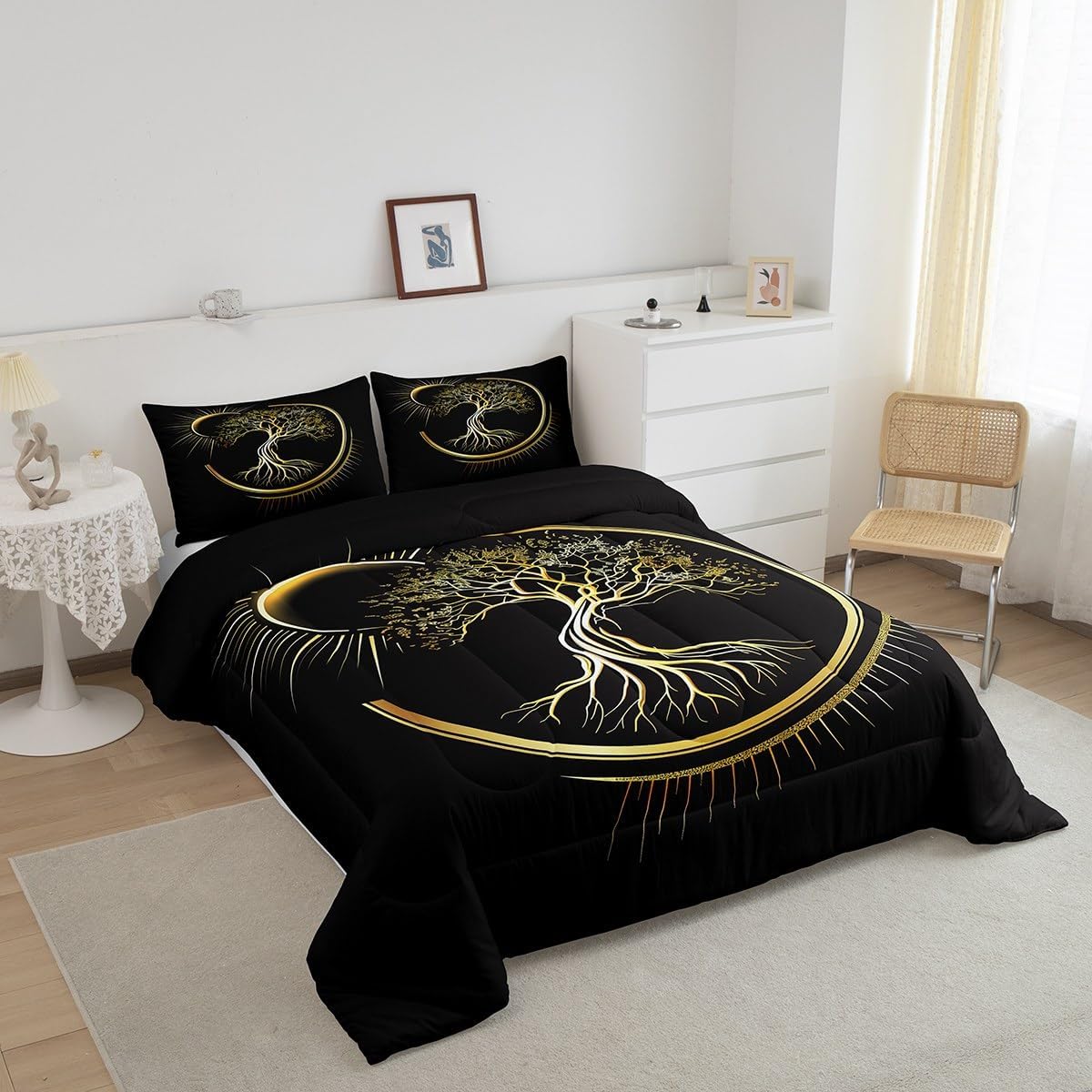 Castle Fairy Juego de edredón de sol y luna, tamaño Queen, juego de ropa de cama de 3 piezas para niños, adolescentes y niños, decoración de
