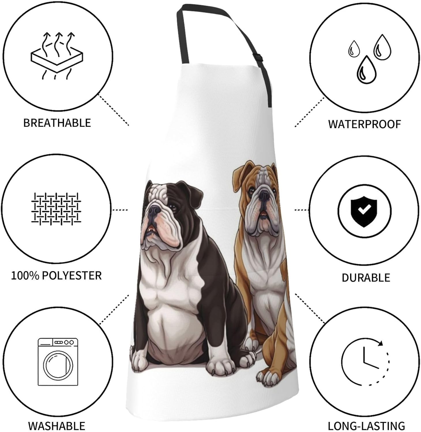 RLDOBOFE Delantal con estampado de bulldogs ingleses, delantal impermeable con correa ajustable para el cuello, delantal de cocina, babero de chef