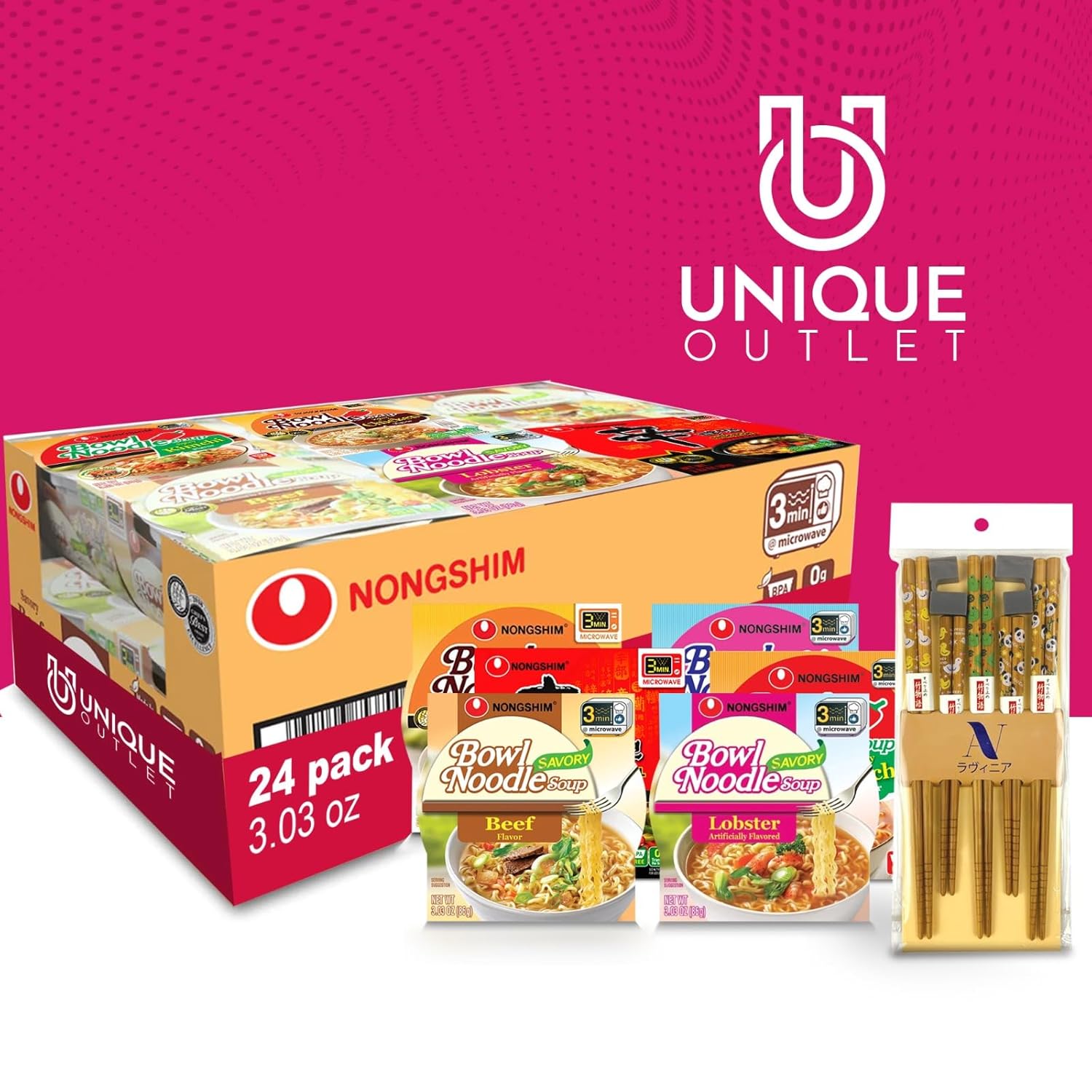 Nongshim Unique Outlet – Paquete de 24 cuencos para sopa Ramyun Ramen de sabores surtidos, 3.03 onzas