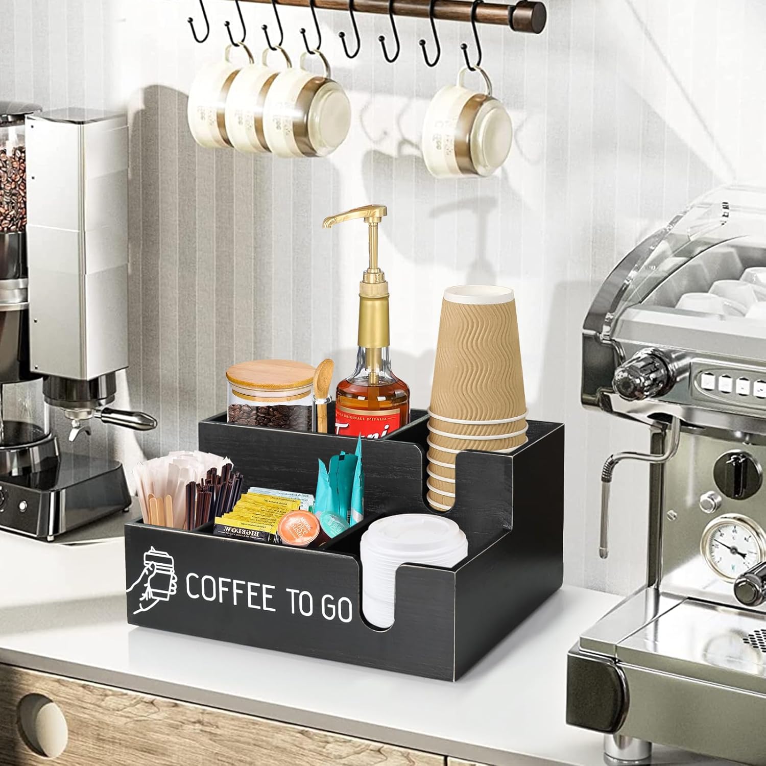 ugiftt Organizador de barra de café, organizador de estación de café, dispensador de taza de café de madera para mostrador, soporte de taza