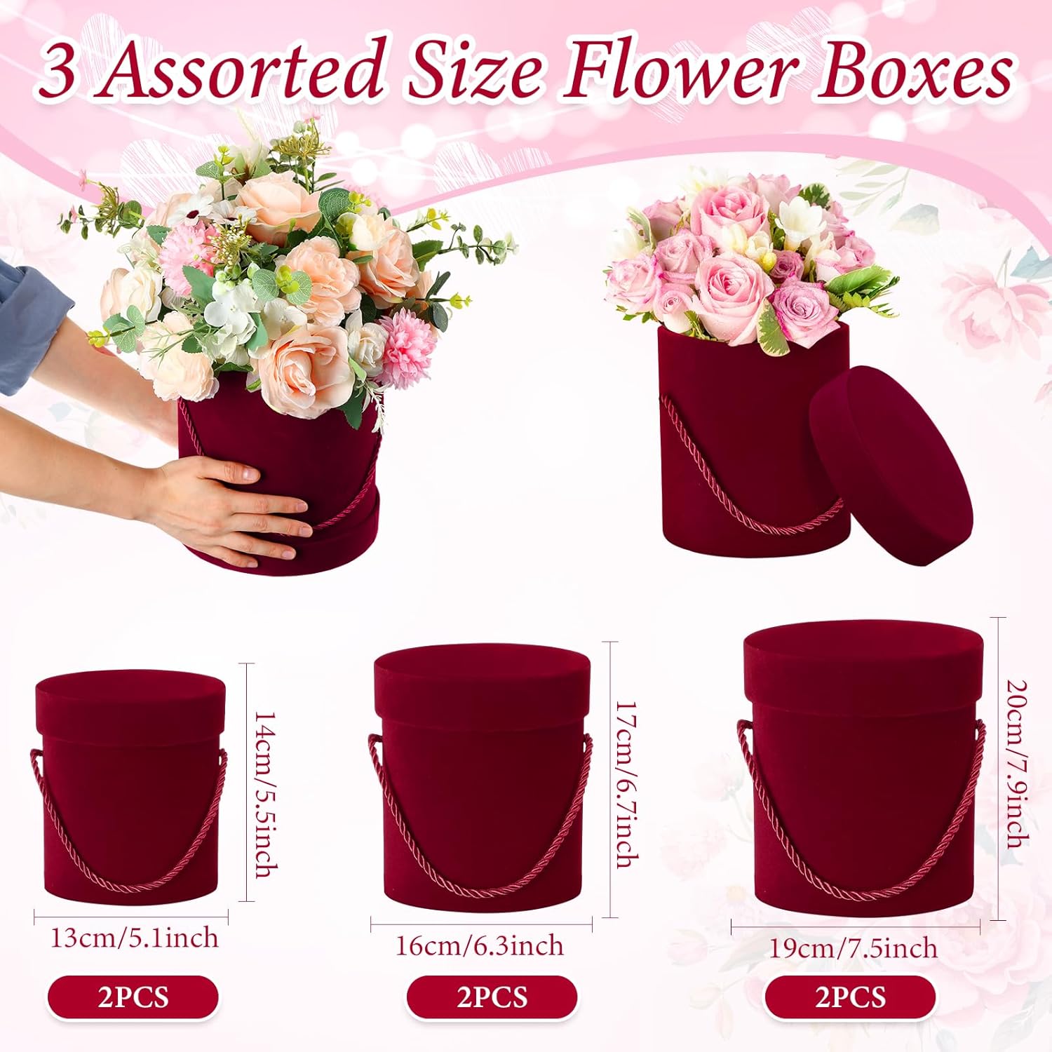 6 cajas redondas de terciopelo con tapas, caja de regalo de terciopelo de San Valentín con asa para arreglos de regalo de flores de lujo, boda,