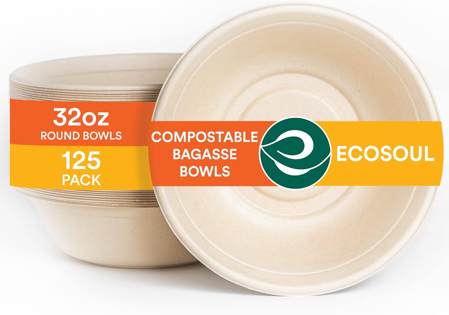 ECO SOUL Cuencos de sopa 100% compostables de 32 onzas (paquete de 125) cuencos desechables resistentes I Tazón de papel resistente I Ensaladera