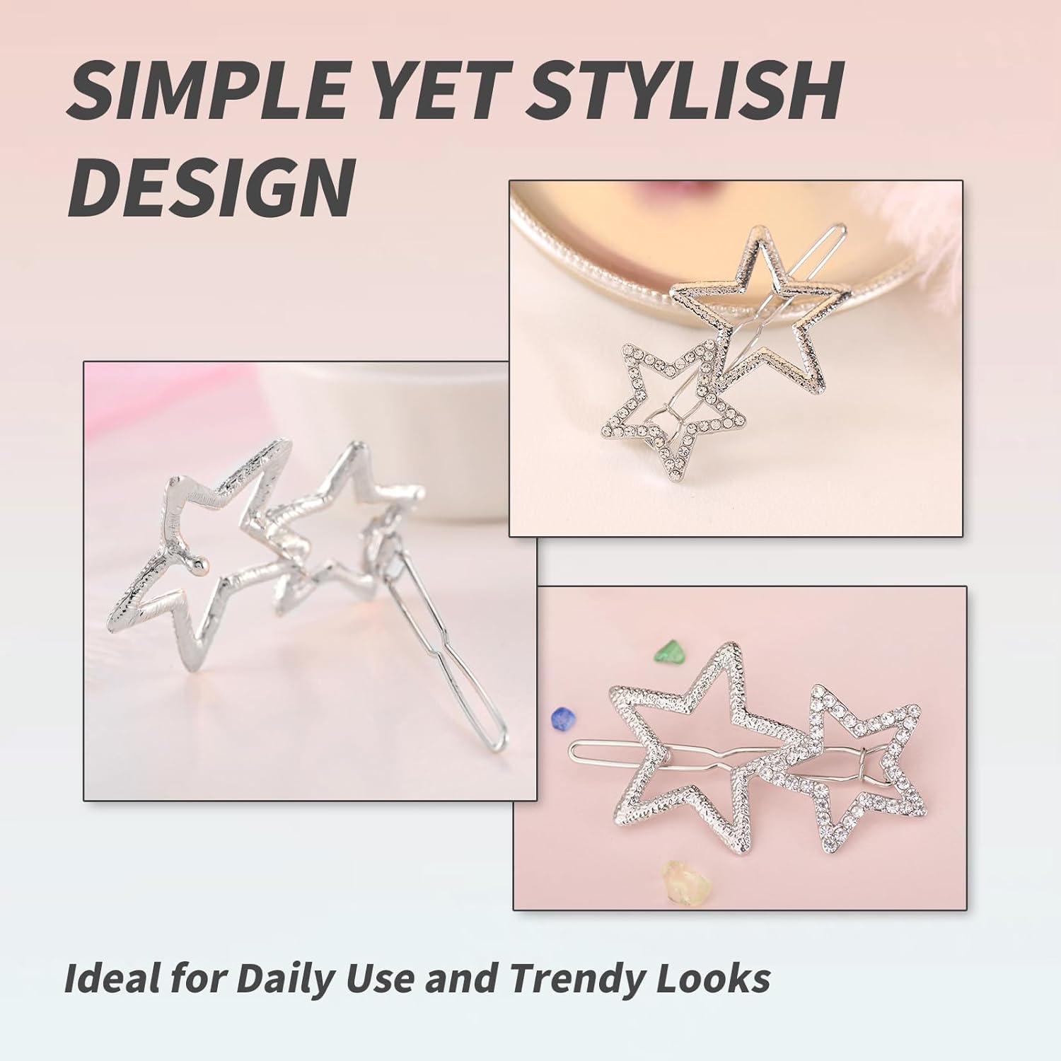 6 pinzas para el cabello con estrellas huecas, elegantes accesorios para el cabello con diamantes de imitación plateados, horquillas geométricas