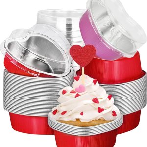 Moldes para pasteles con forma de corazón para hornear con tapas, 50 juegos de tazas de aluminio para cupcakes con tapas, 3.4 fl oz3.5 onzas, mini Moldes para pasteles con forma de corazón para hornear con tapas, 50 juegos de tazas de aluminio para cupcakes con tapas, 3.4 fl oz3.5 onzas, mini