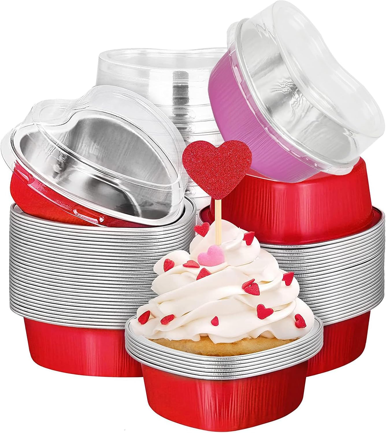Moldes para pasteles con forma de corazón para hornear con tapas, 50 juegos de tazas de aluminio para cupcakes con tapas, 3.4 fl oz3.5 onzas, mini