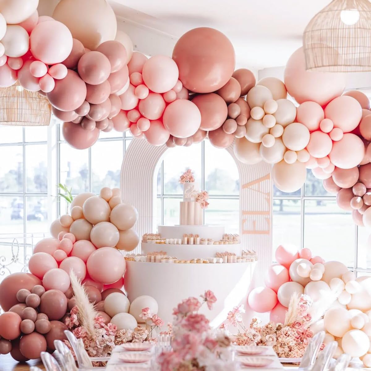 Guirnalda de globos de color rosa polvoriento de doble relleno, globos de látex rosa rosa, kit de arco de globos rosa pastel para boda, baby shower,