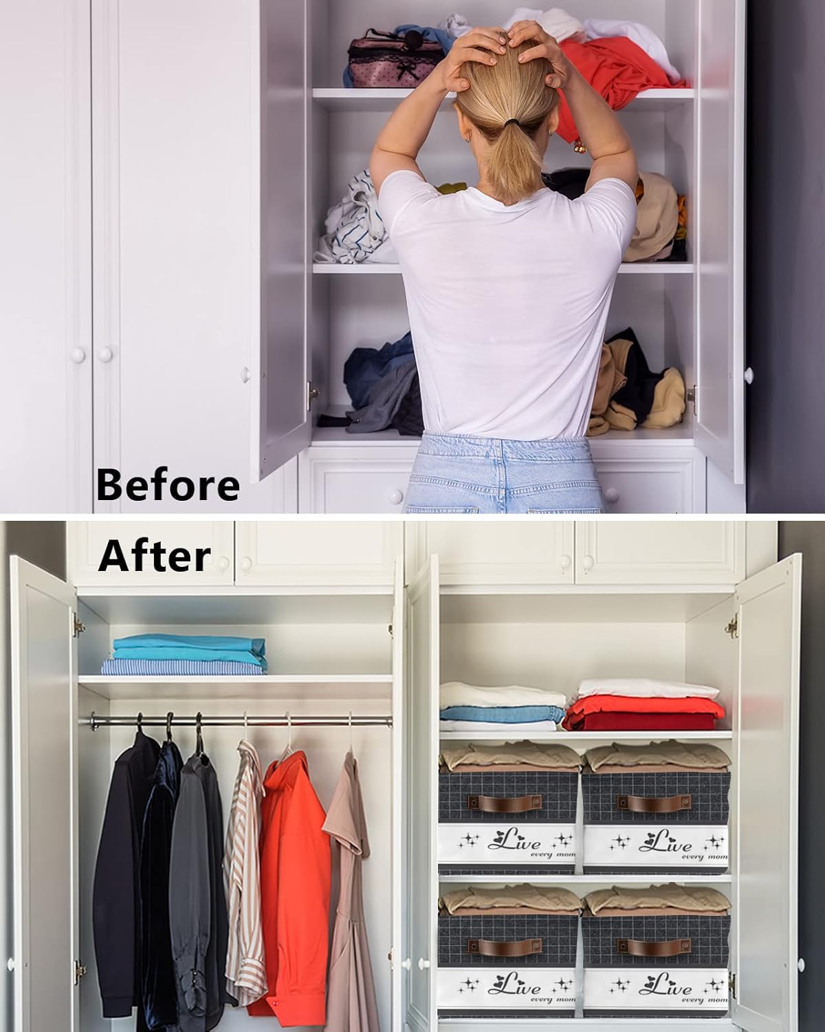 Live Love Laugh – Cesta de almacenamiento gris para organizar estantes, cajas de almacenamiento plegables con asa, arte de pared a cuadros grises