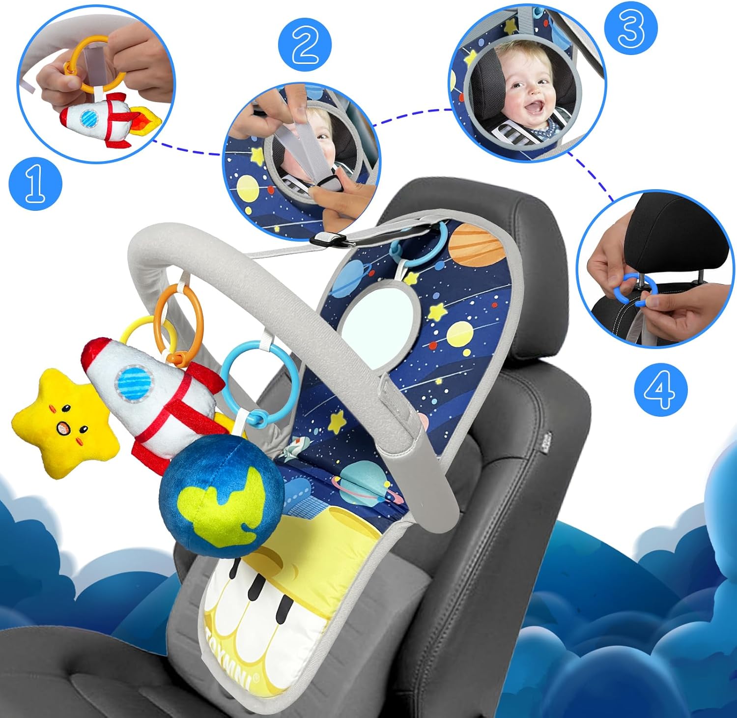 Juguetes de asiento de automóvil para bebés de 6 meses en adelante, juguetes de asiento de automóvil con piano de pedal musical, espejo de bebé y