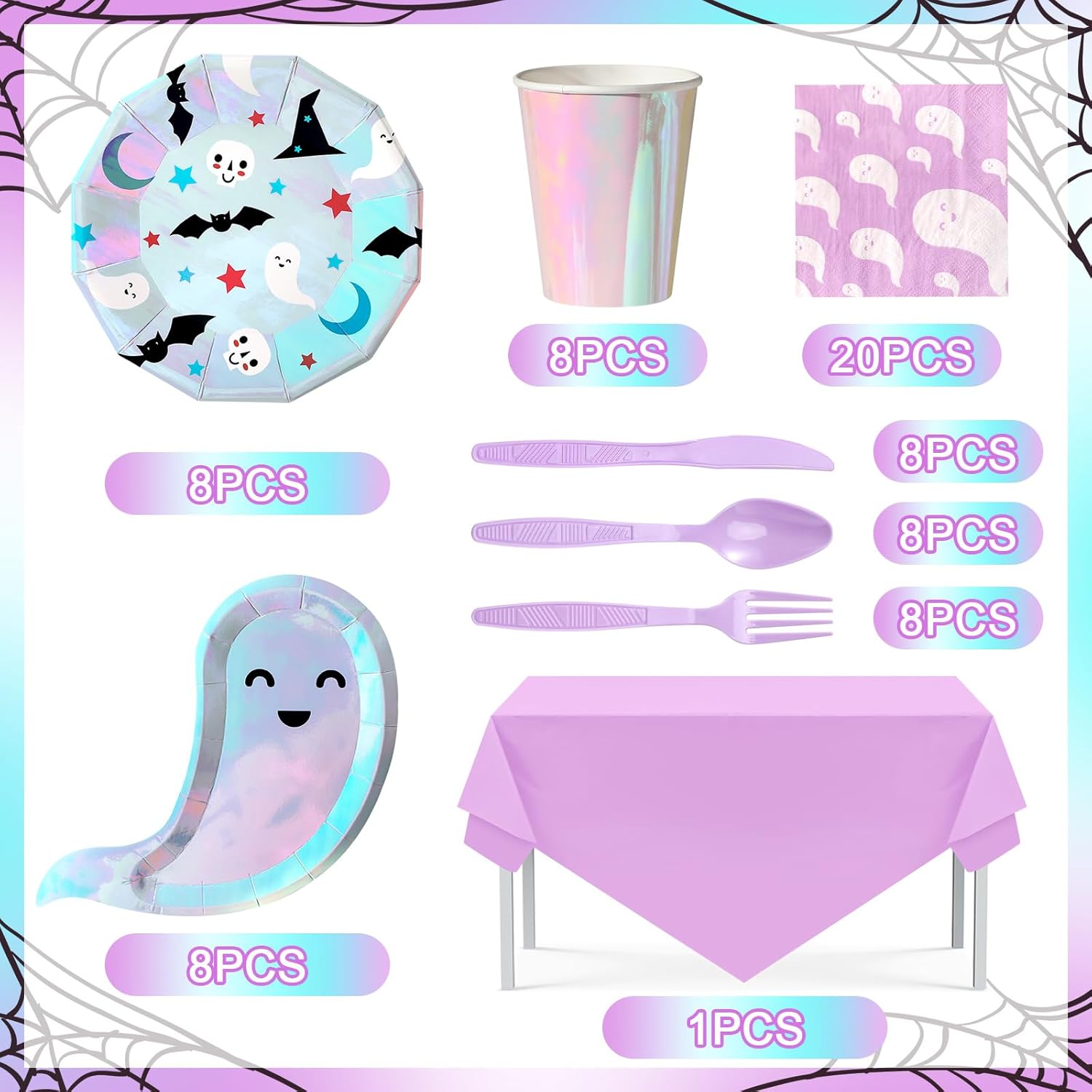 Jetec Juego de vajilla desechable de 69 piezas de Halloween, platos de papel redondos desechables con servilletas, vasos de papel, mantel, tenedor
