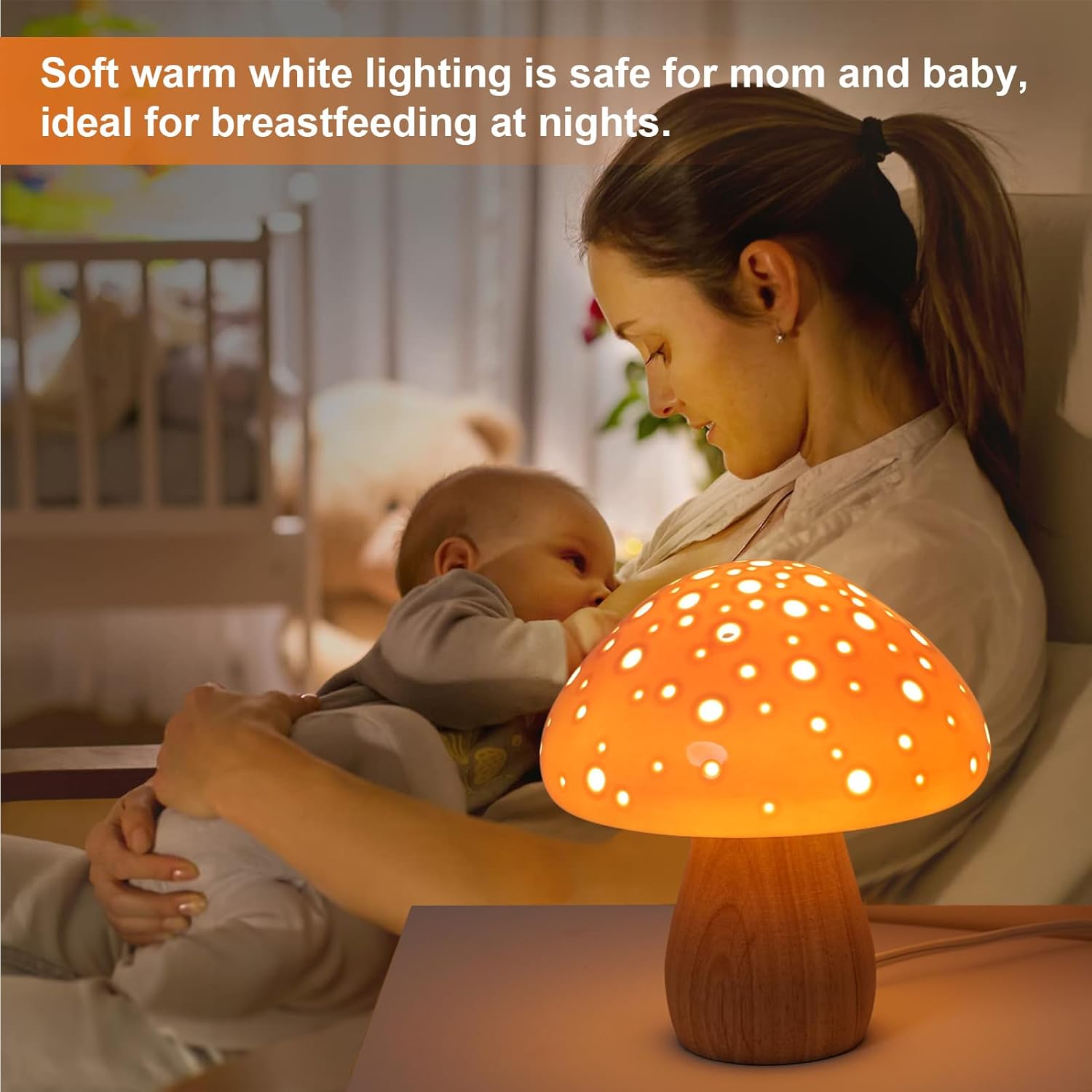 KAiSnova Lámpara de seta pequeña lámpara de mesita de noche, lámpara de escritorio de cerámica rosa, lámpara de mesita de noche única, luces