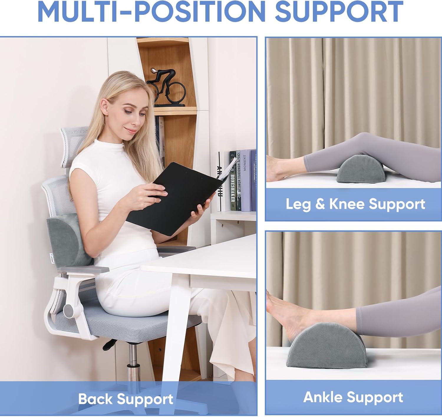 Forias Almohada de media luna para piernas, rodillas, alivio del dolor de espalda baja, cuello, almohada de espuma viscoelástica pura elevación para