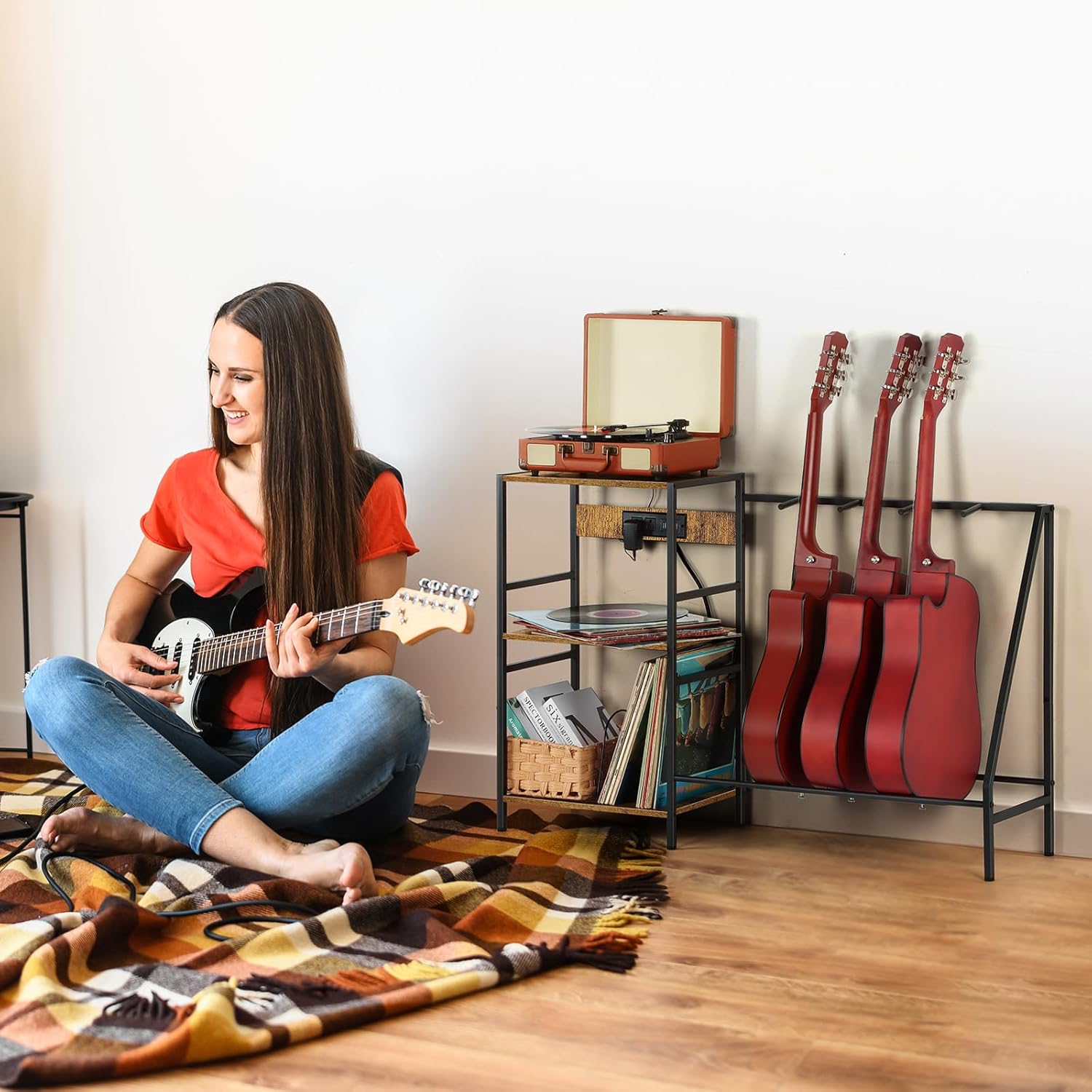 OYEAL Soporte para guitarra eléctrica con almacenamiento de discos de vinilo, soporte para múltiples guitarras con estación de carga para acústico,