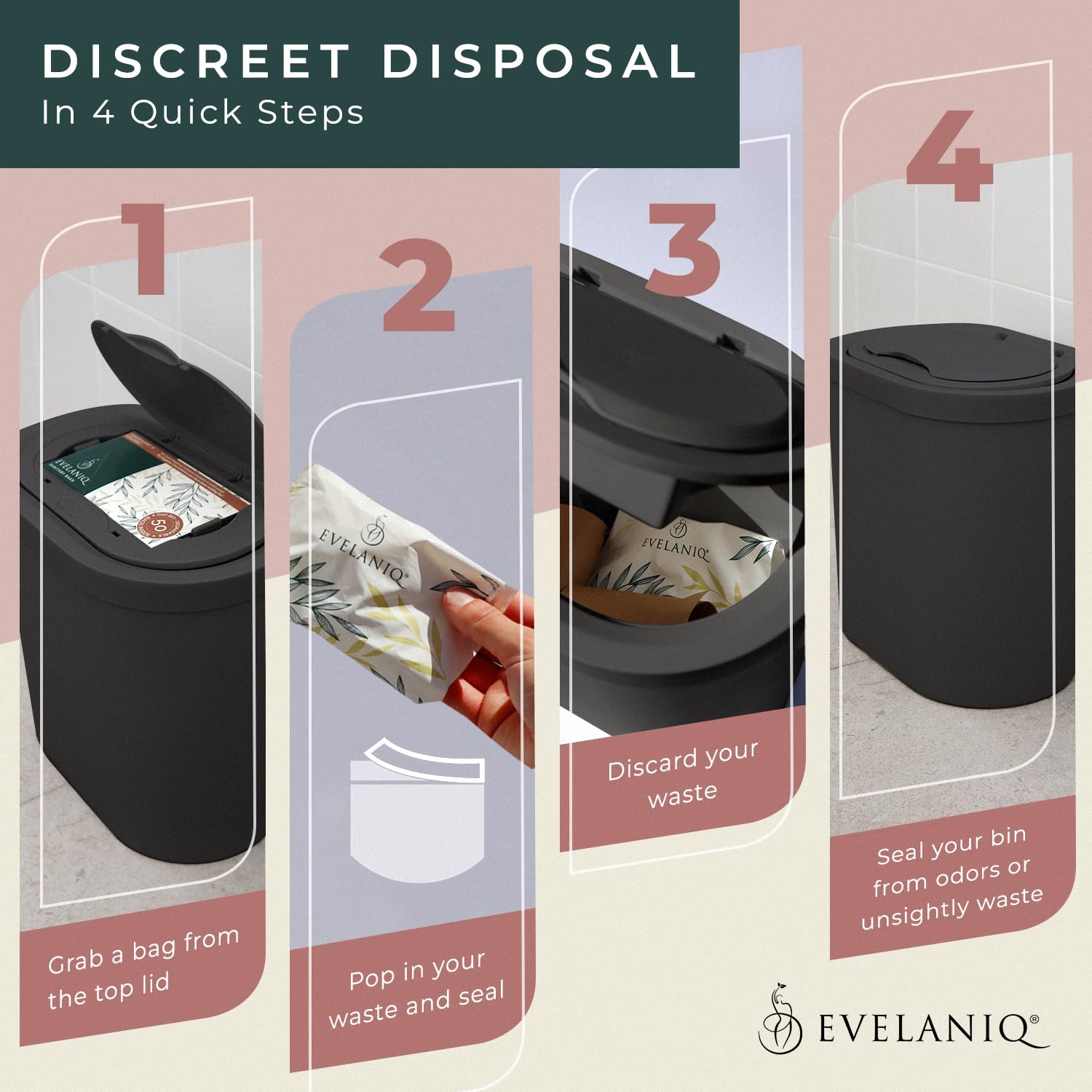 Evelaniq Receptáculo de servilleta sanitaria para mujer (papelera + 150 bolsas de higiene) Almohadilla femenina y Tampón Receptáculo de eliminación