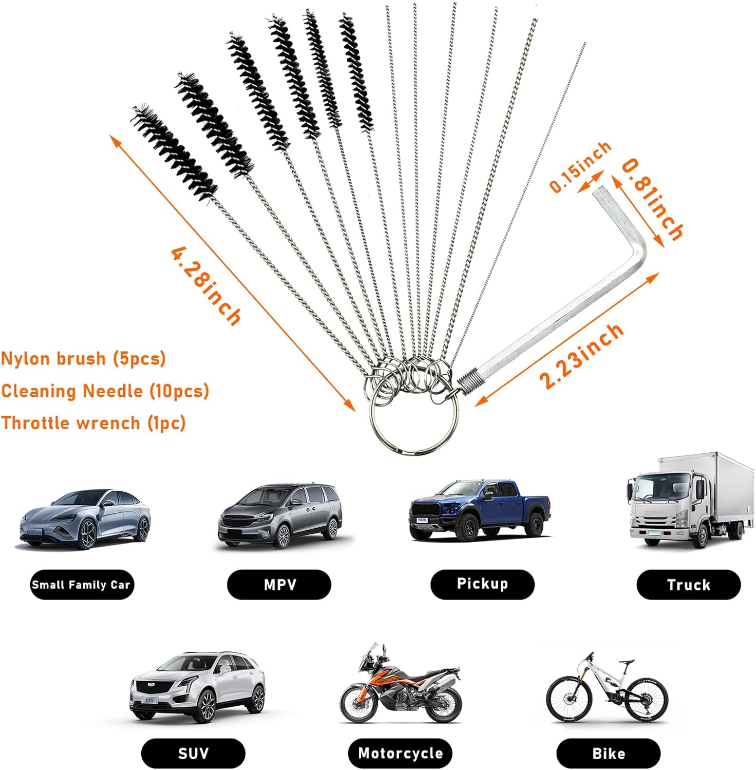 Carburador Carbon Dirt Jet Remover, 5 cepillos de nailon + 10 agujas de limpieza + 1 kit de herramientas de llave de mariposa para motocicleta, ATV,