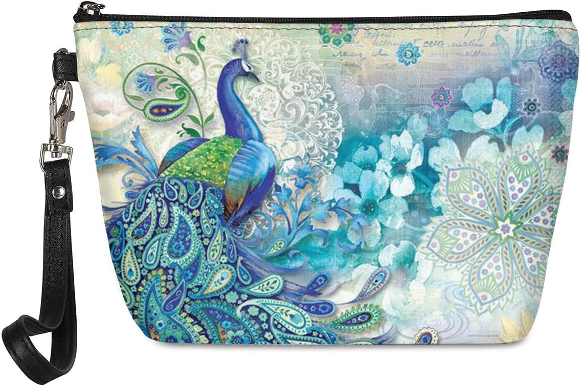 Cremallera cosmética impermeable del bolso cosmético de la capacidad grande del cuero de la PU, Arte Aqua Flor De Pavo Real