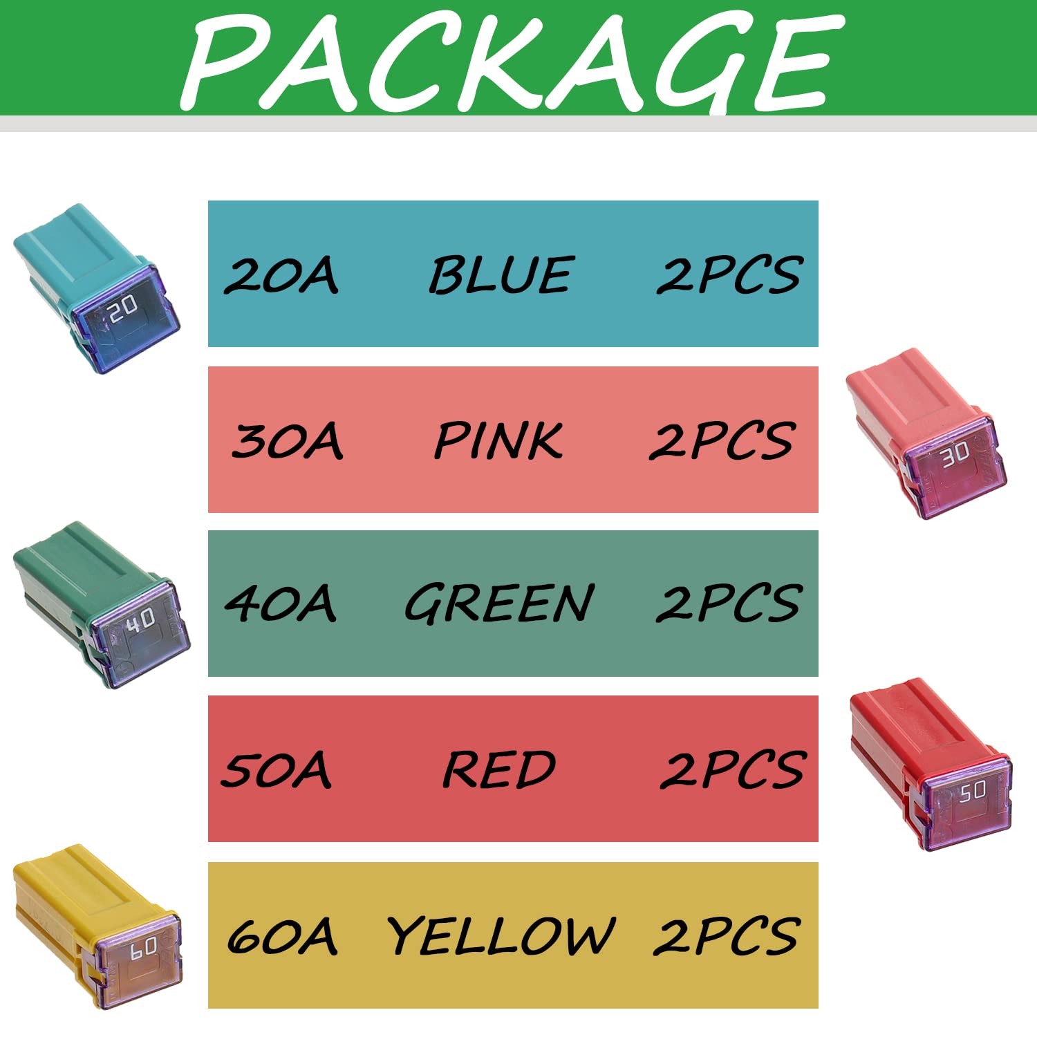 10 fusibles de bloque Jcase para camiones y SUV (20A30A40A50A60A, 2 piezas cada uno)