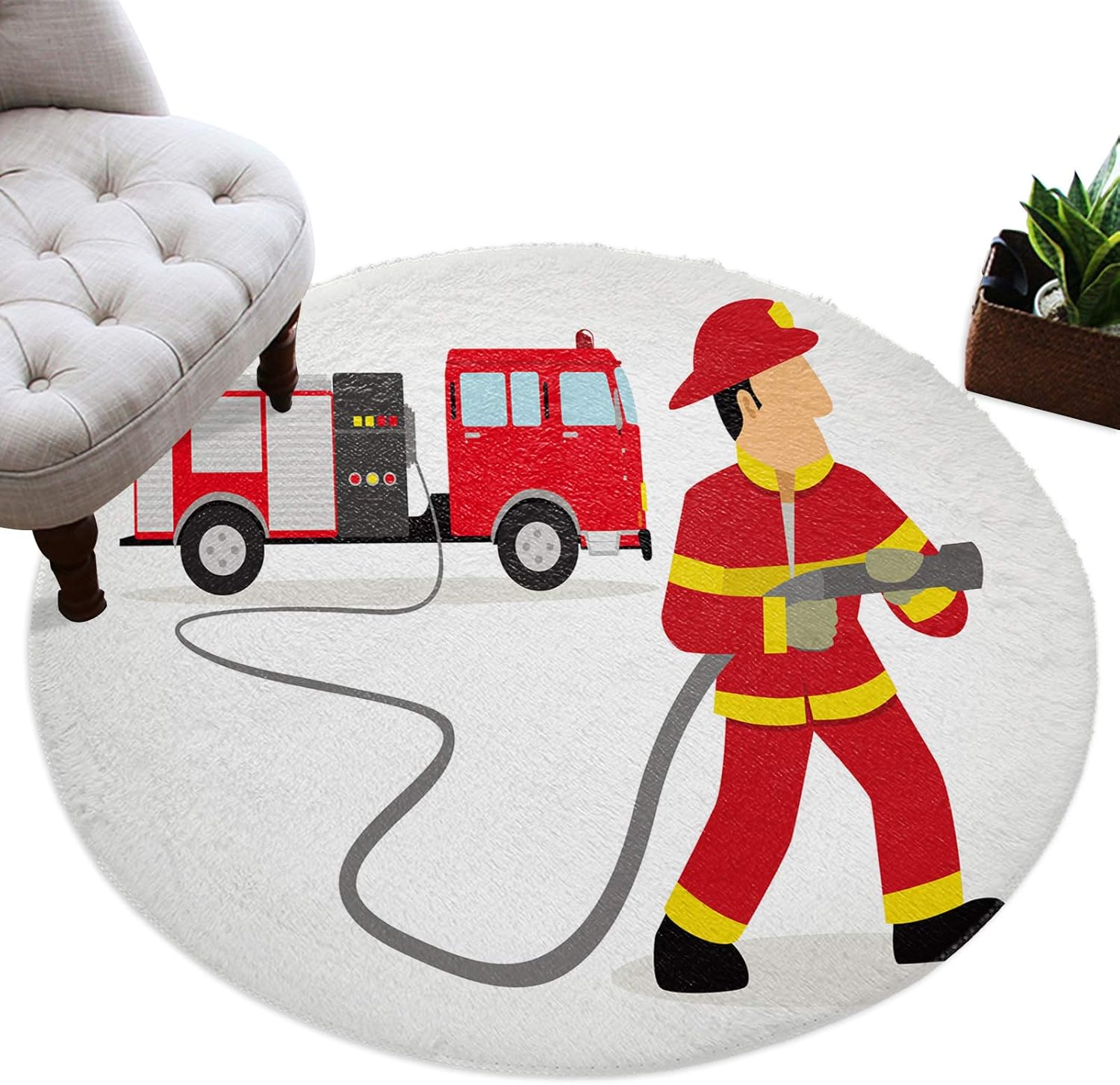 Alfombra de área de 4 pies, redonda, para interiores, camión de bomberos y bomberos, alfombra lanuda para niños, habitación de bebé, sala de estar,
