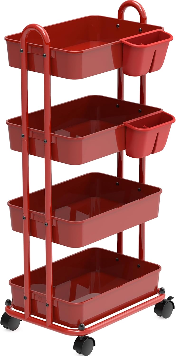 SimpleHouseware – Carrito utilitario multifuncional de 4 niveles con divisores de cesta y cubos colgantes, color rojo