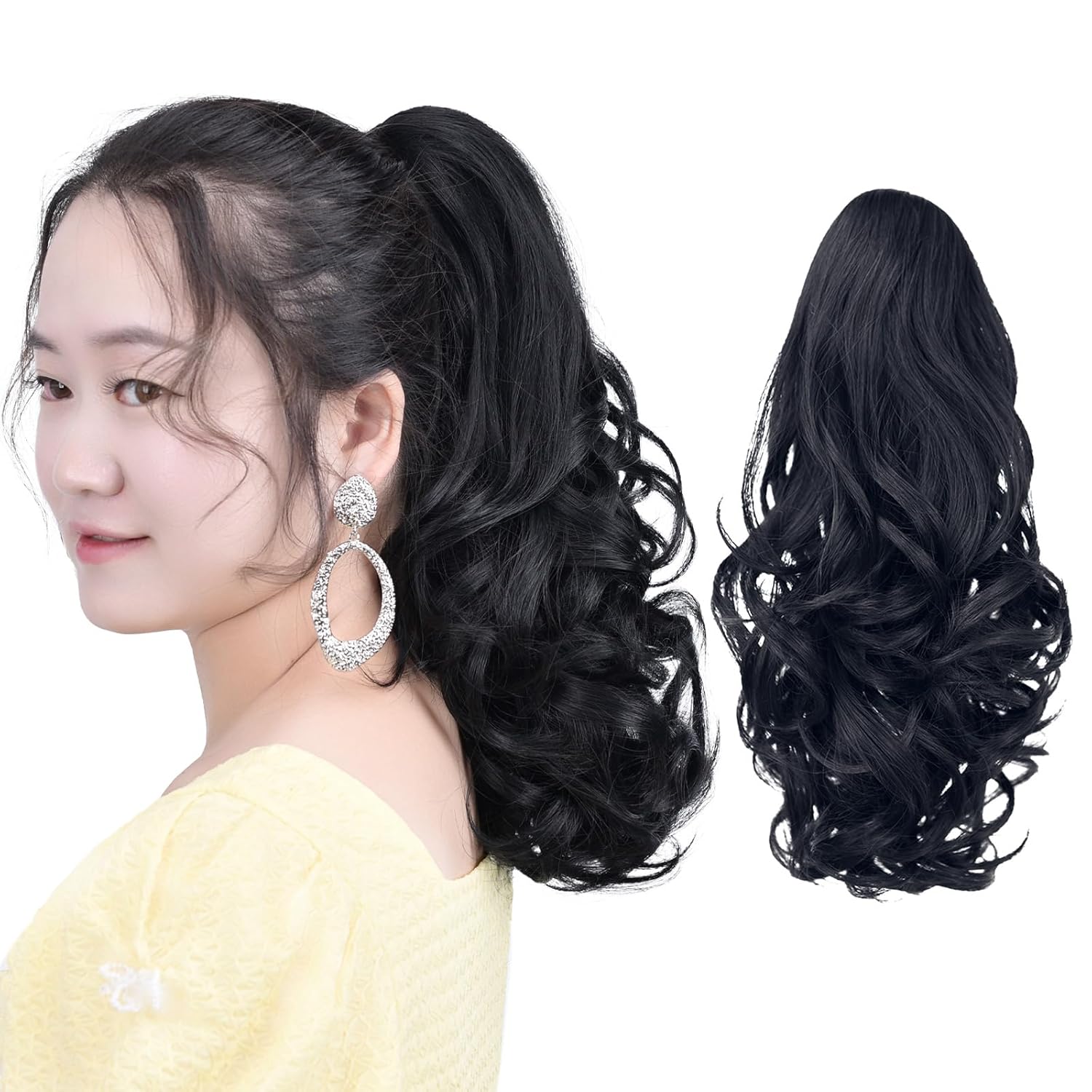 Negro – Extensiones de cola de caballo, extensión de pelo de cola de caballo con clip de garra falsa