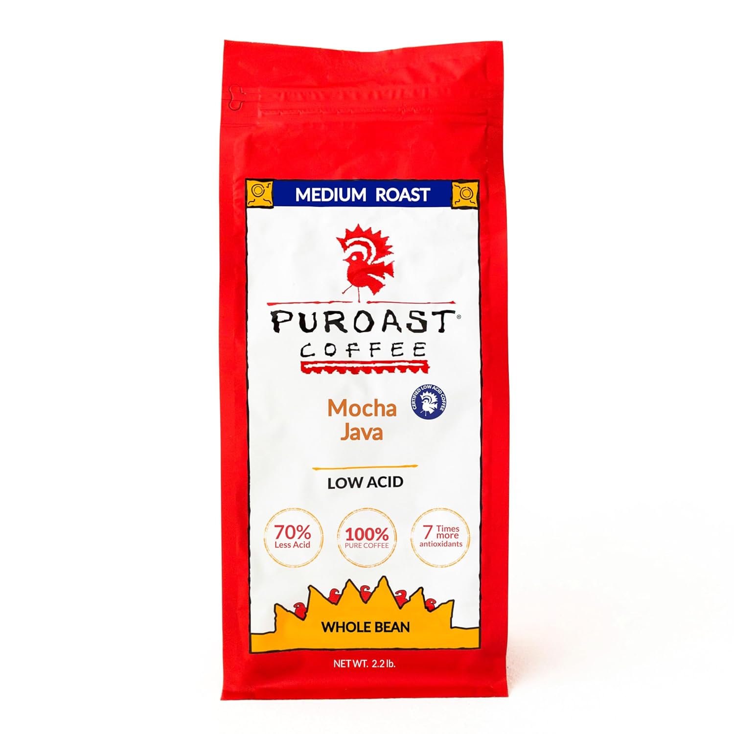 Puroast – Café en grano entero bajo en ácido, Mocha Java, tostado medio, café certificado bajo en ácido, 5.5+ pH, salud intestinal, 2.2 libras,