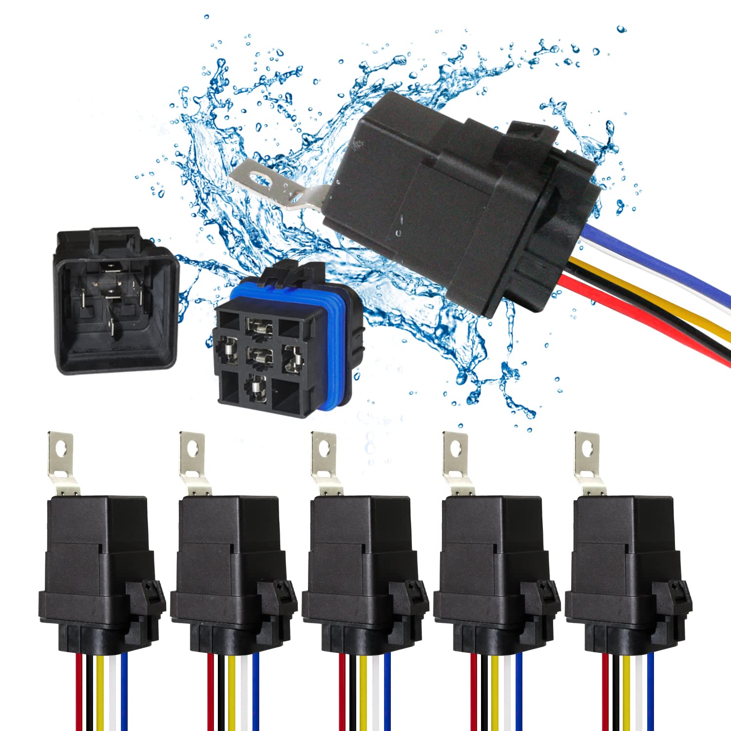 Paquete de 5 conectores de arnés de relé automotriz de 5 pines, 4030 amperios, 12 V CC, resistente al agua, SPDT de 12 AWG SPDT, cables de cobre