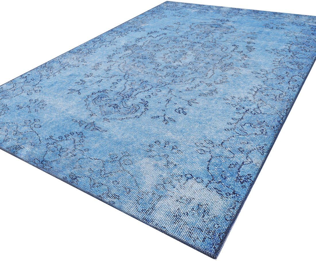 Woolknot ENC1092 – Alfombra vintage azul para sala de estar, alfombra floral, turquesa, pequeña, lavable, bohemio, alfombra estampada envejecida con
