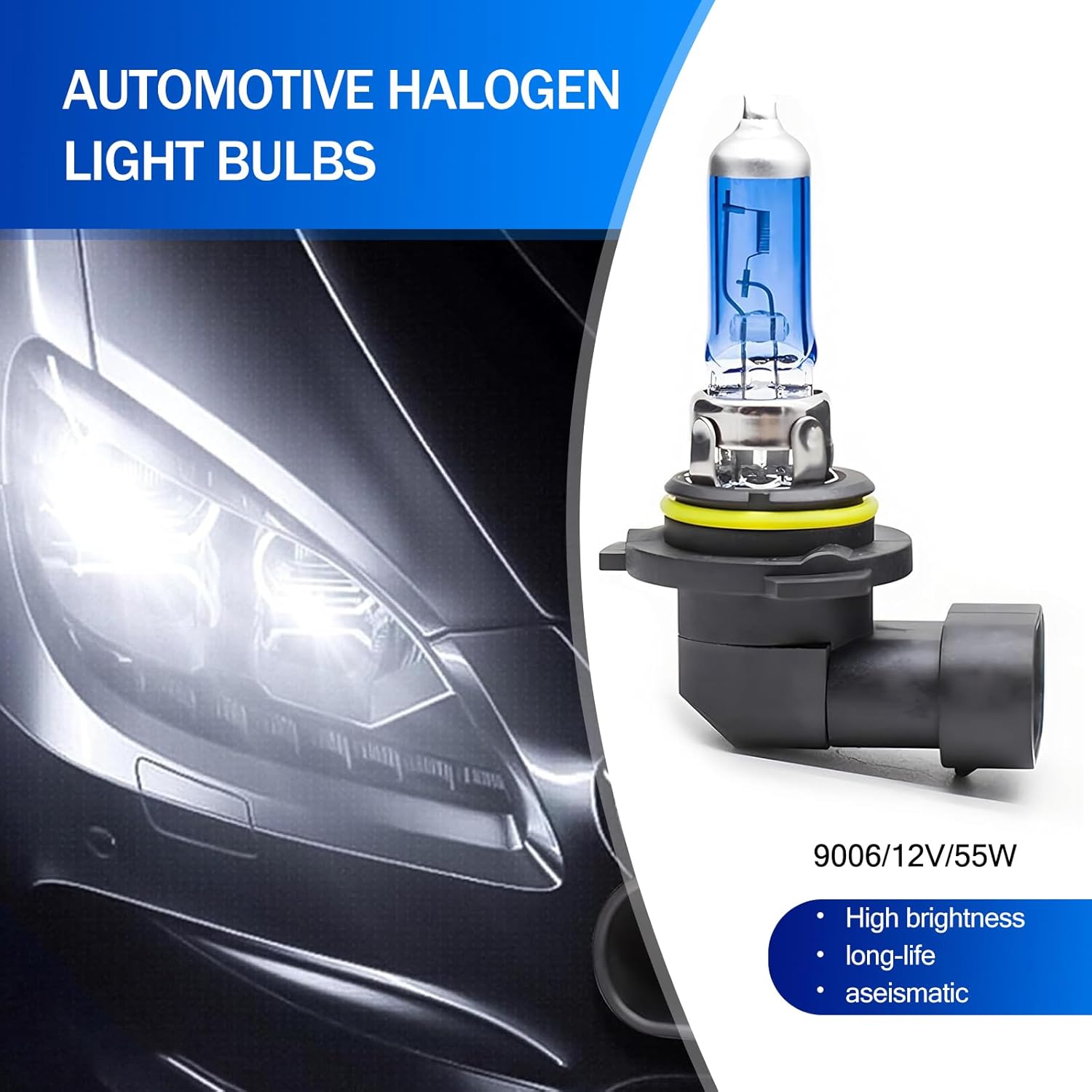 Pack-2 Car 9006 Halogen Bulb, 12V 55W Stable Shock-resistant Filament High and Low Beam, UV Protection Quartz Glass Lamp Housing, Universal