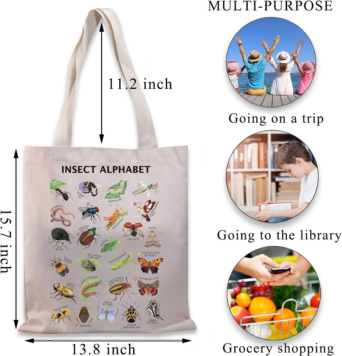 BDPWSS Bolsa de mano del alfabeto de insectos, regalo para amantes de insectos, insectos, escarabajos, regalo para enamorados, entomología, ciencia,