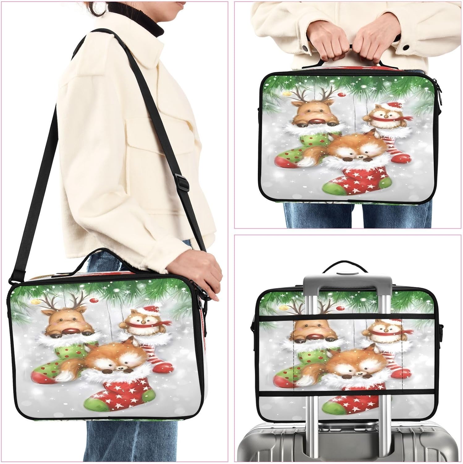 Zathe Bolsas de cosméticos de viaje de animales del bosque blanco y verde para mujeres, neceser de viaje, bolsas de maquillaje grandes con