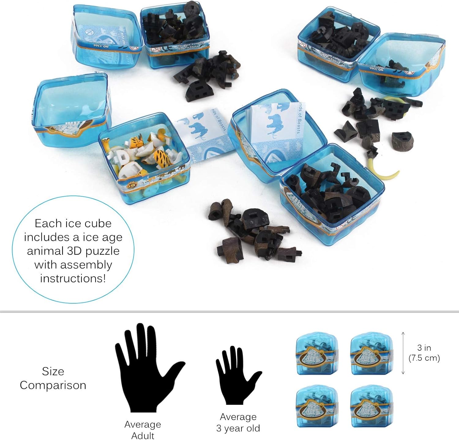Juego prehistórico con 4 animales de la edad de hielo en cubos de glaciar, rompecabezas 3D para niños, arqueología, desarmable, descubrir, descubrir