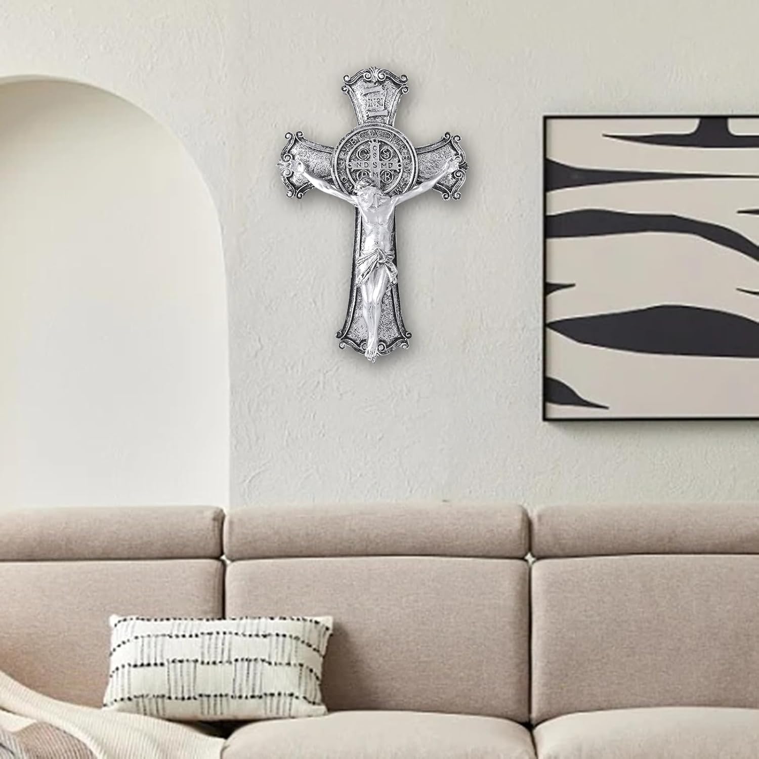 Taprion Crucifijo – Cruz de pared de resina de San Benito – Cruz plateada de 10 pulgadas da bendición y lo sagrado espiritual regalo de fe para tus