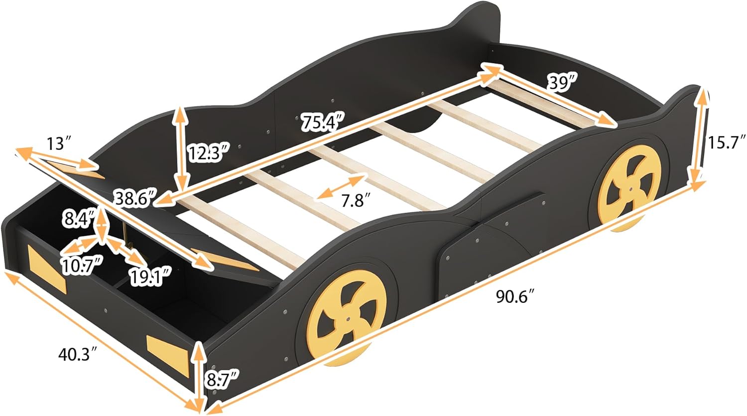 Cama de plataforma en forma de auto de carreras de tamaño individual con ruedas y almacenamiento, marco de cama de madera maciza con barandillas