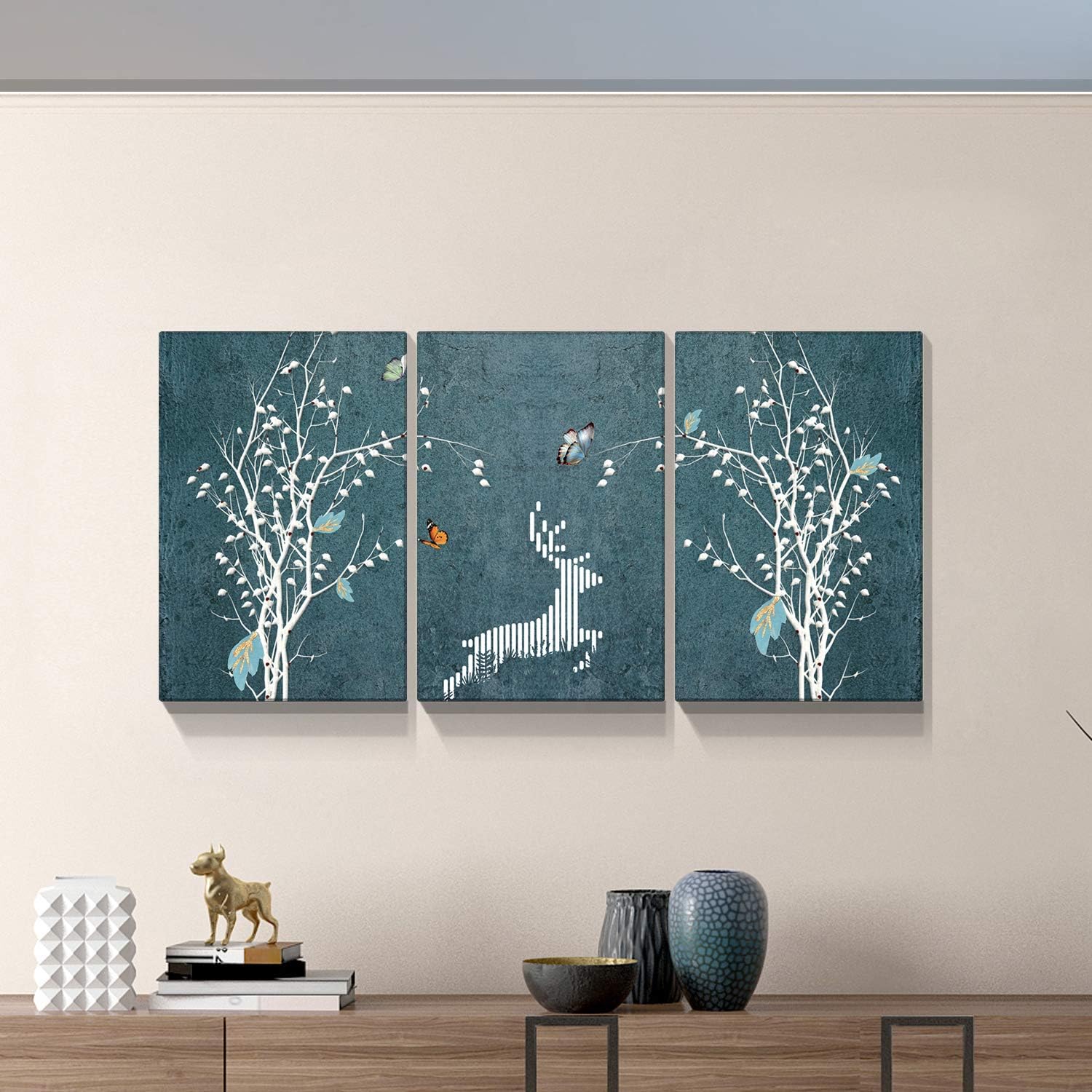 Looife – Lienzo decorativo para pared, 3 paneles, 36 x 48 pulgadas, 3 piezas de alce de vinatge con árbol, diseño de árbol, para decoración de