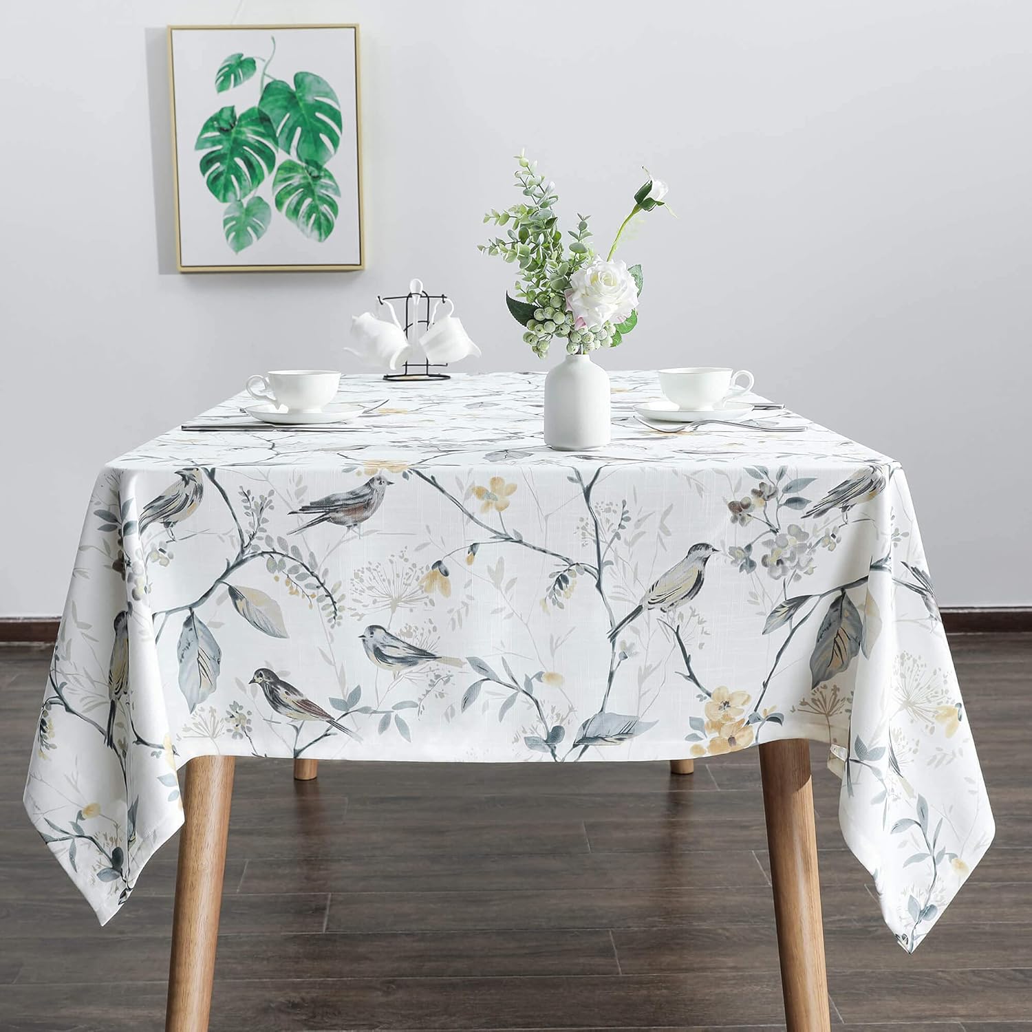 VOGOL Manteles de primavera y verano, sin arrugas, antidecoloración, mantel rectangular de lino con pájaros grises y flores para cocina, comedor,