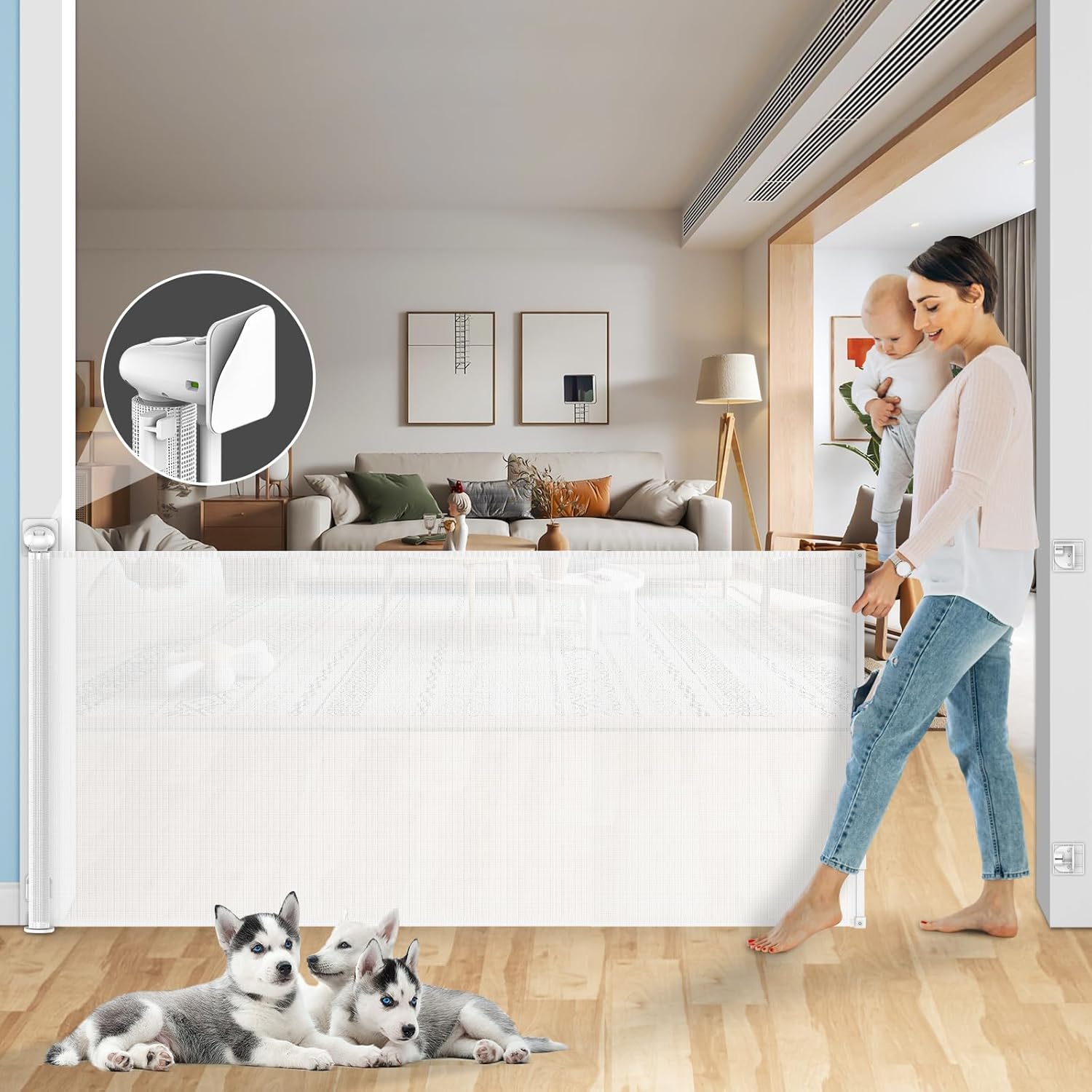 Puertas retráctiles para bebés sin perforaciones, 78 pulgadas extra anchas para gran apertura, seguridad para niños y mascotas, puerta de malla