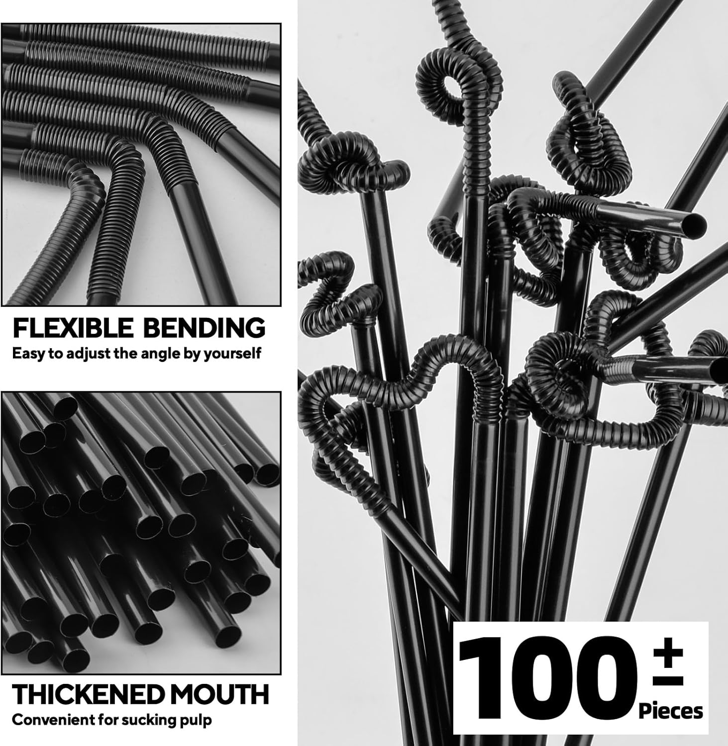 200 popotes de plástico flexibles negros, desechables, para fiestas, 13 pulgadas, extra largas, decoraciones de fiesta