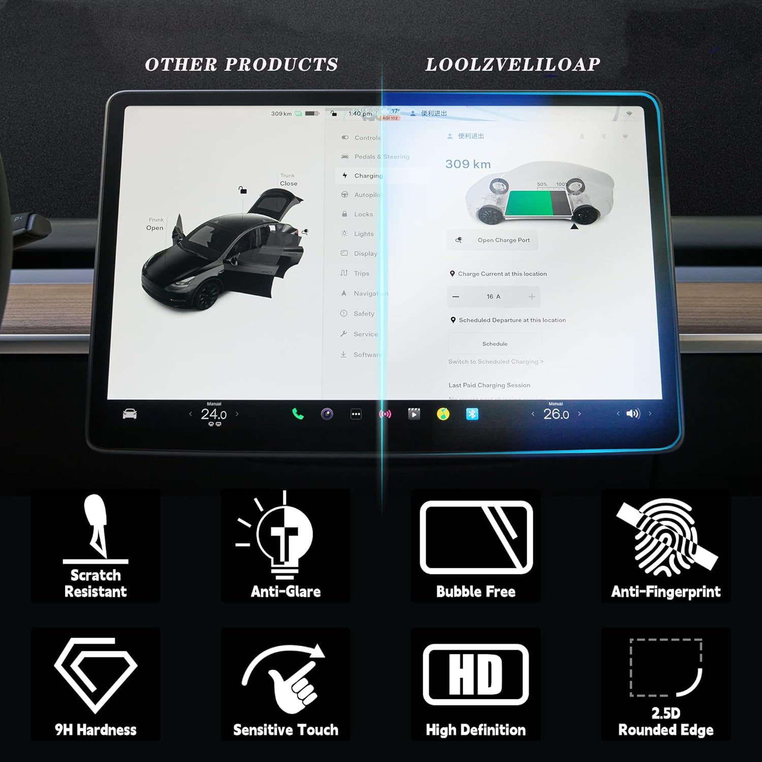 LOOLZVELILOAP GlasTR EZ FIT – Protector de pantalla de vidrio templado diseñado para Tesla Model 3  Y, cristal transparente