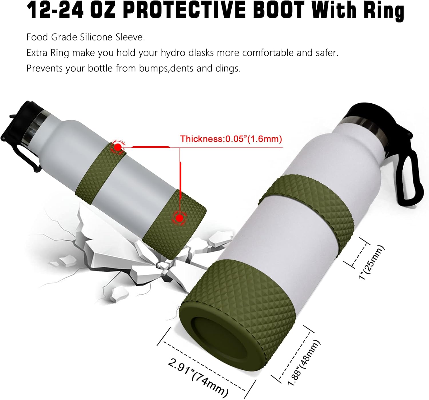 Funda para botella de agua, doble protección de silicona con textura de diamante, compatible con botella Hydro Sport de 12 a 40 onzas, funda