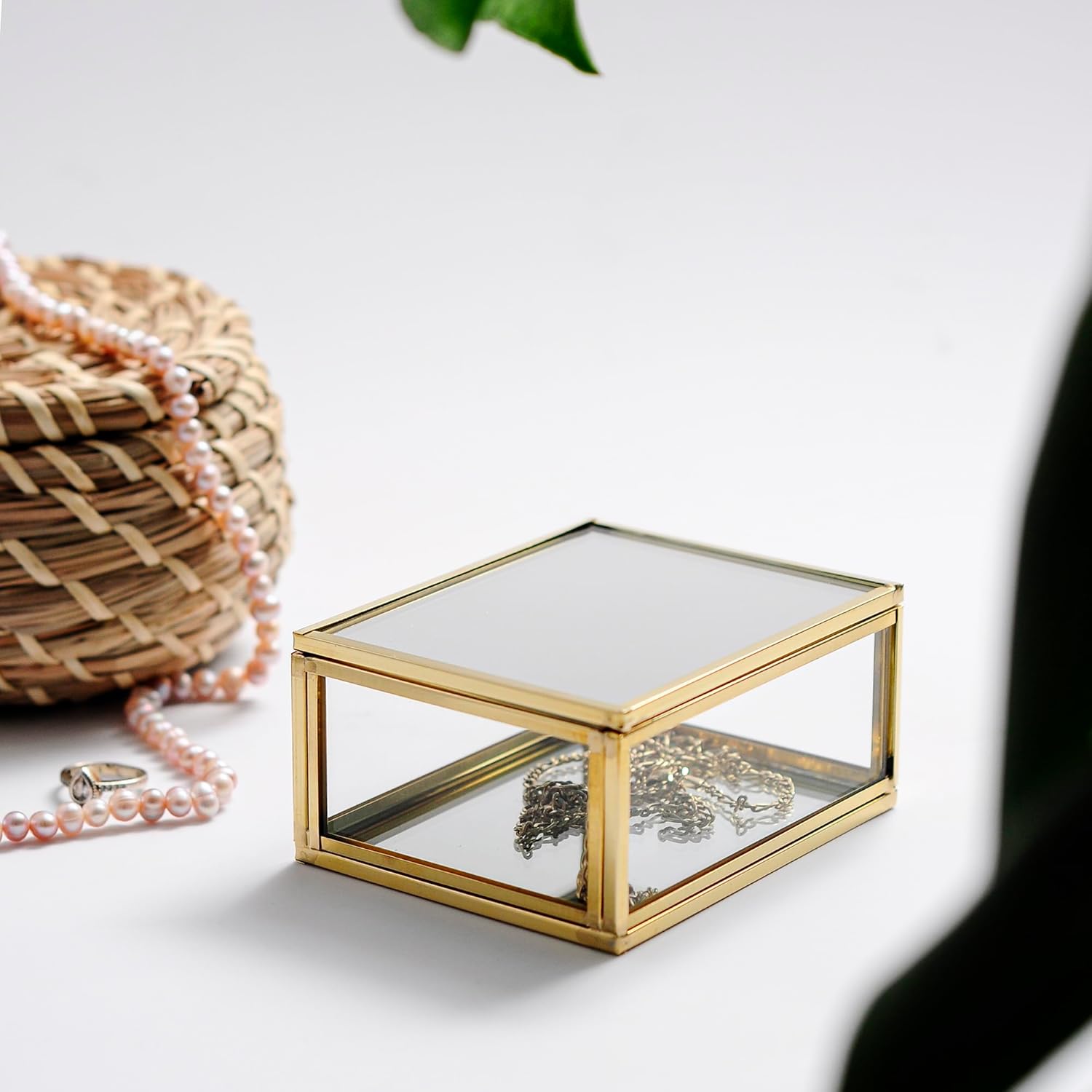 4x3x1.5″ Brass Glass jewelry Ring Box Wedding Mirrored Based