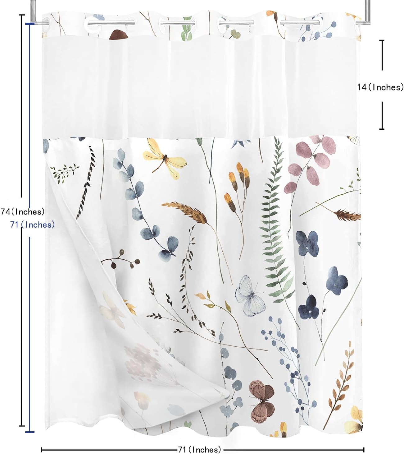Cortina de ducha floral sin gancho con forro a presión, bonitas flores de mariposa sin gancho, juego de cortinas de ducha de tela para baño, cortina