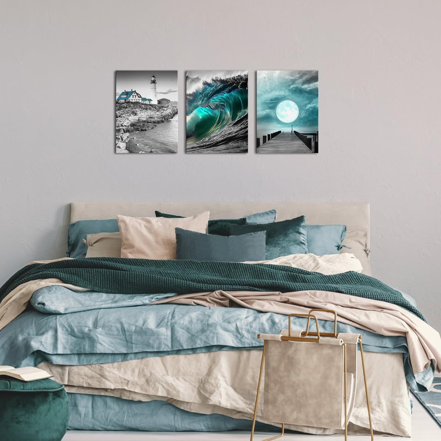 Biuteawal Arte de pared de playa en blanco y negro para decoración de baño, decoración de pared costera verde azulado para sala de estar, faro, olas