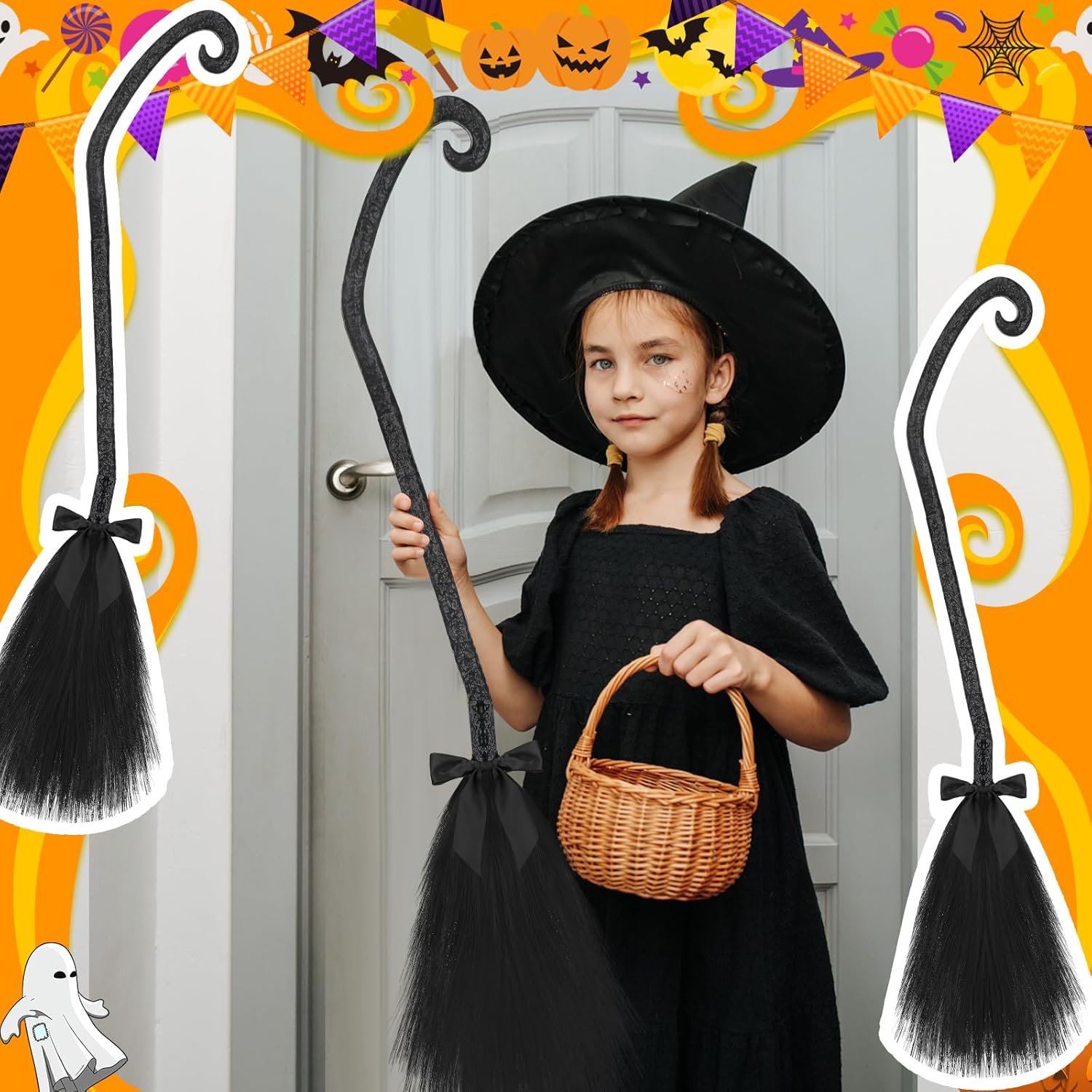 Escoba de bruja de Halloween, escoba de bruja de Halloween con cintas, accesorios de bruja de mago, decoración de bruja, disfraz de bruja, escoba