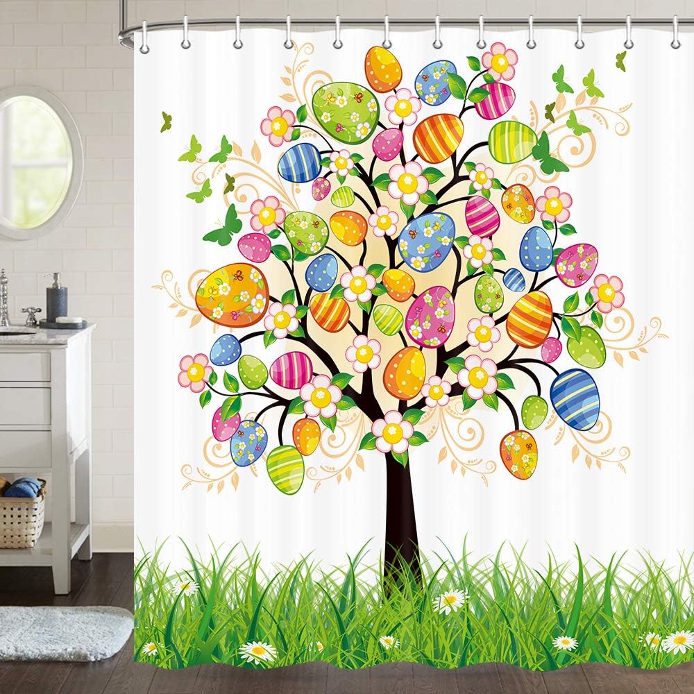 JAWO Cortina de ducha de Pascua, huevos de Pascua, cortina de ducha de huevos de Pascua, huevos pintados, flores florales, mariposas, cortinas de