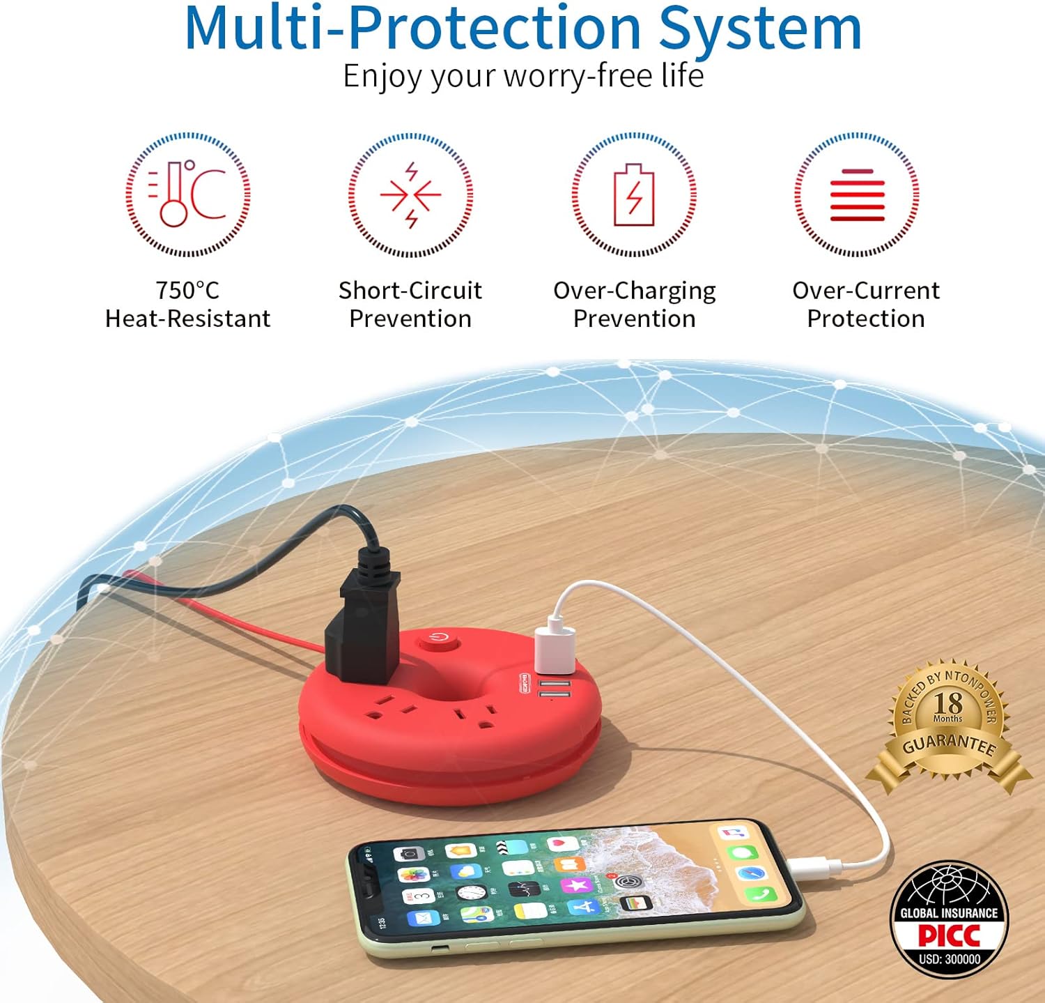 NTONPOWER – Regleta de alimentación de viaje con puertos USB, cable de extensión de viaje de 5 pies con 3 tomacorrientes, 3 USB, estación de carga