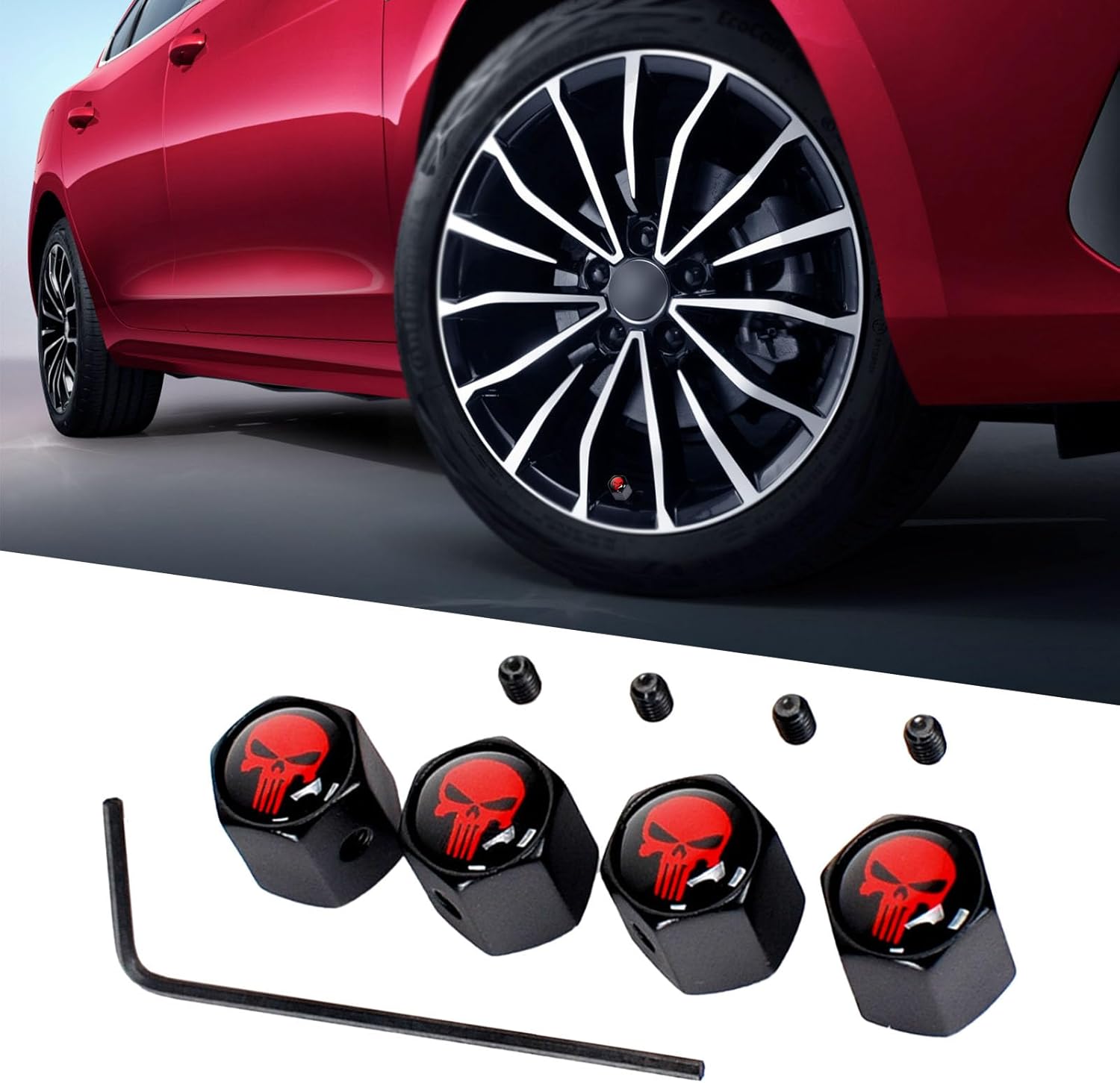 Fogfar 4 tapas de válvula de neumático de automóvil, cubierta antirrobo de vástago de válvula de calavera con herramientas, universales para la