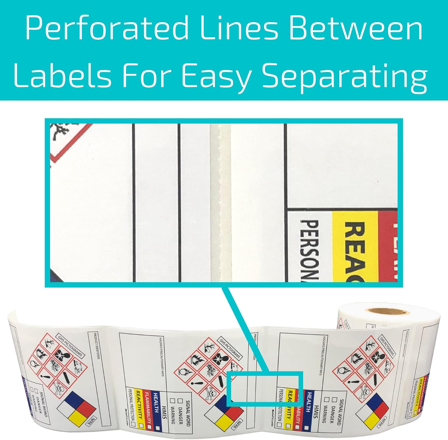 SDS OSHA – Etiquetas de datos para seguridad química de 4 x 3 pulgadas, rollo de 100 calcomanías MSDS con pictogramas GHS y bordes perforados para