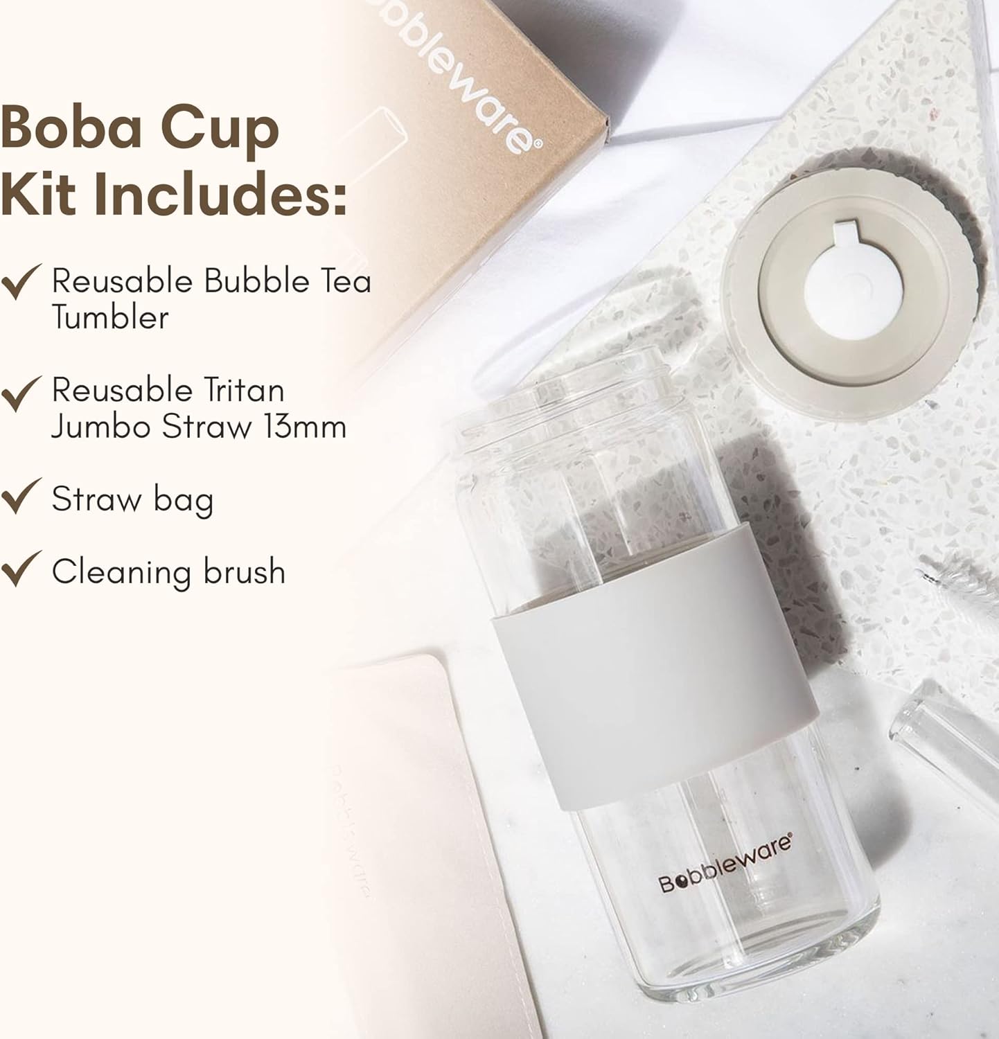 Vaso de té de burbujas de vidrio borosilicato con tapa y pajilla, vaso de batido Boba reutilizable, vaso de viaje de boca ancha con funda, a prueba
